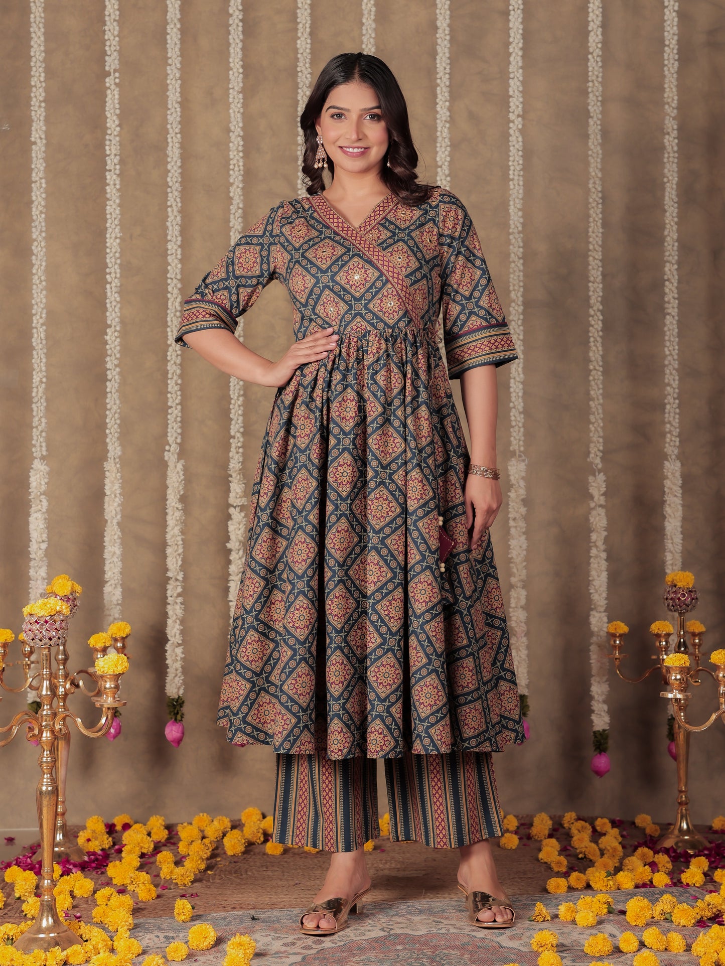 Soft Cotton Geometric Angrakha Blue Kurta