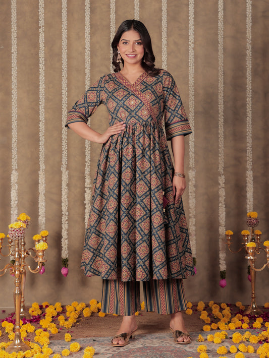 Soft Cotton Geometric Angrakha Blue Kurta