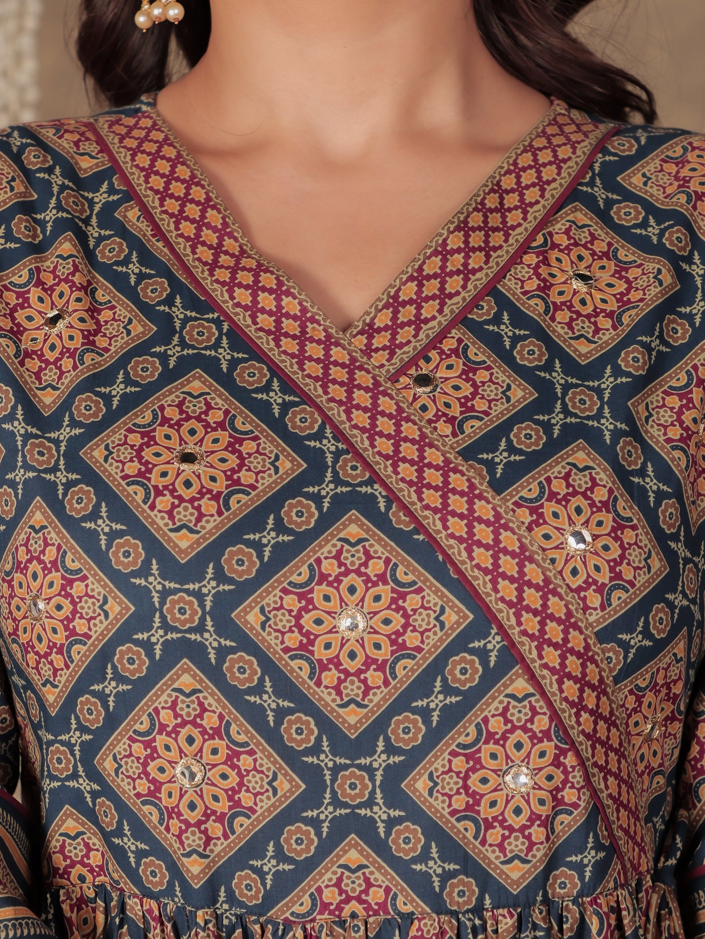 Soft Cotton Geometric Angrakha Blue Kurta