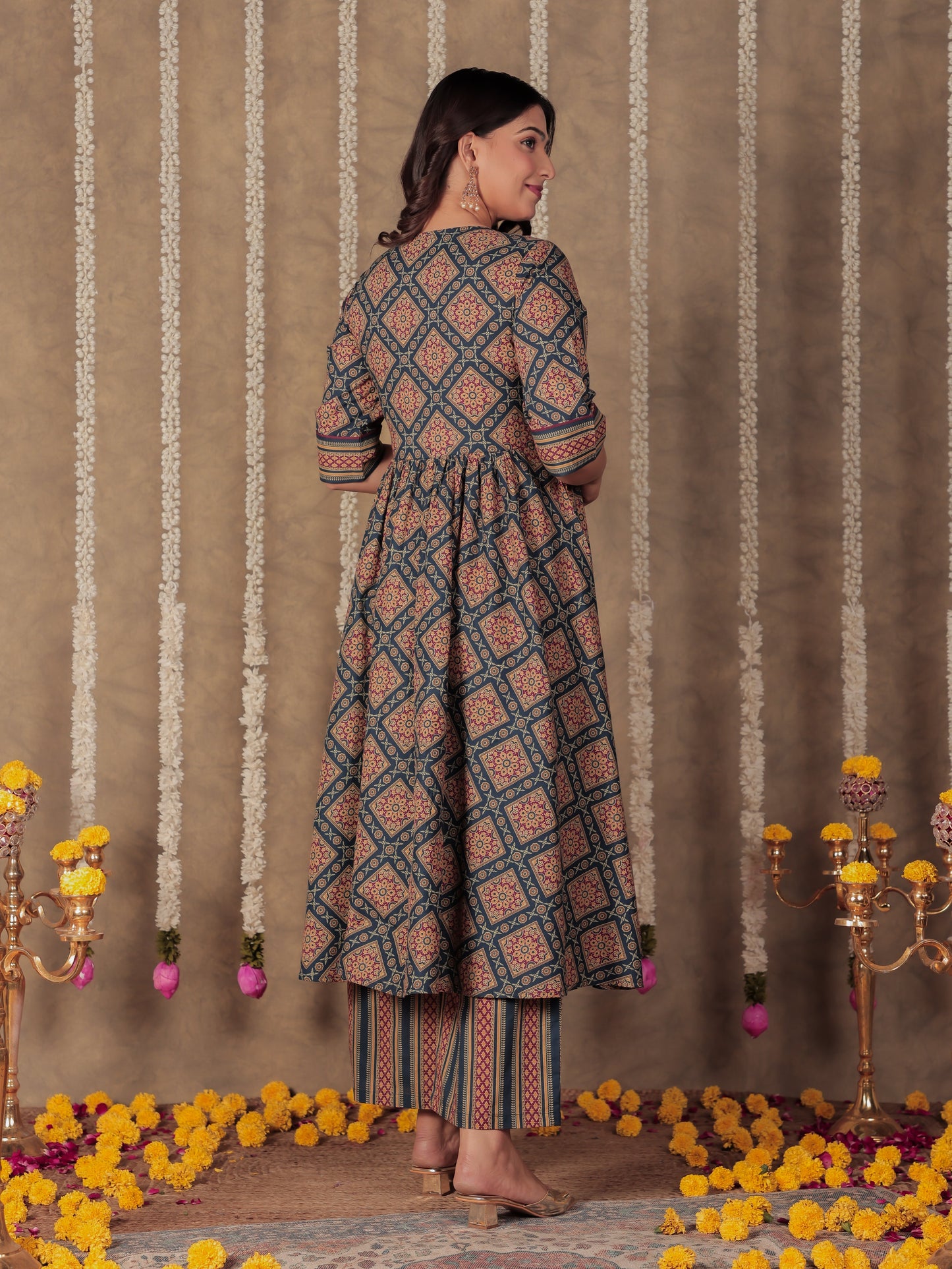 Soft Cotton Geometric Angrakha Blue Kurta