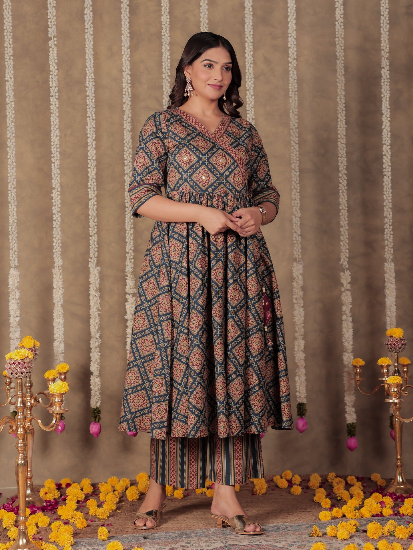 Soft Cotton Geometric Angrakha Blue Kurta
