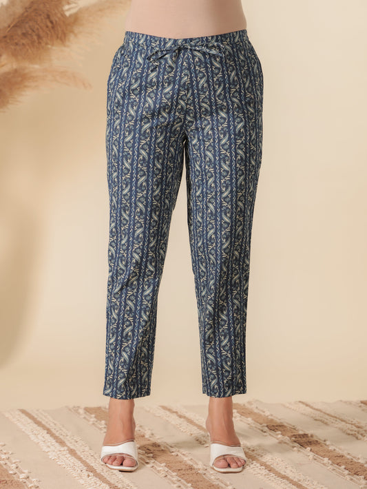 Soft Cotton Floral Blue Tapered Trousers