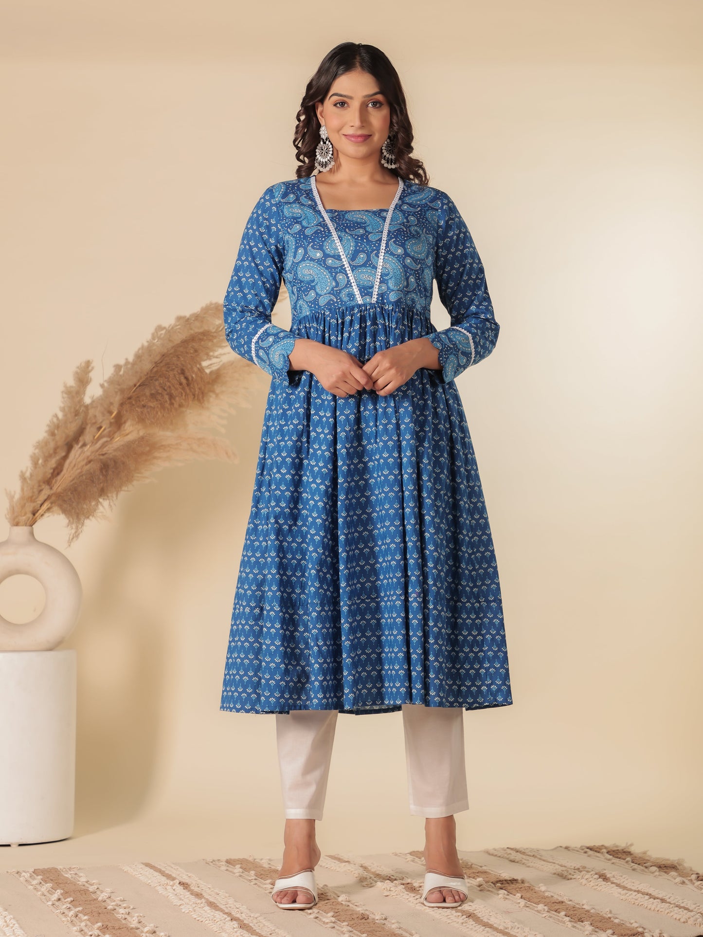 Soft Cotton Paisley Anarkali Blue Kurta