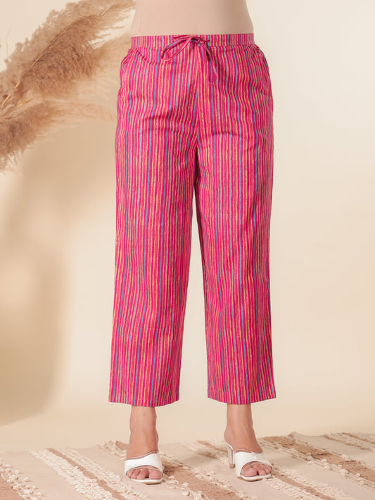 Soft Cotton Floral Pink Straight Trousers