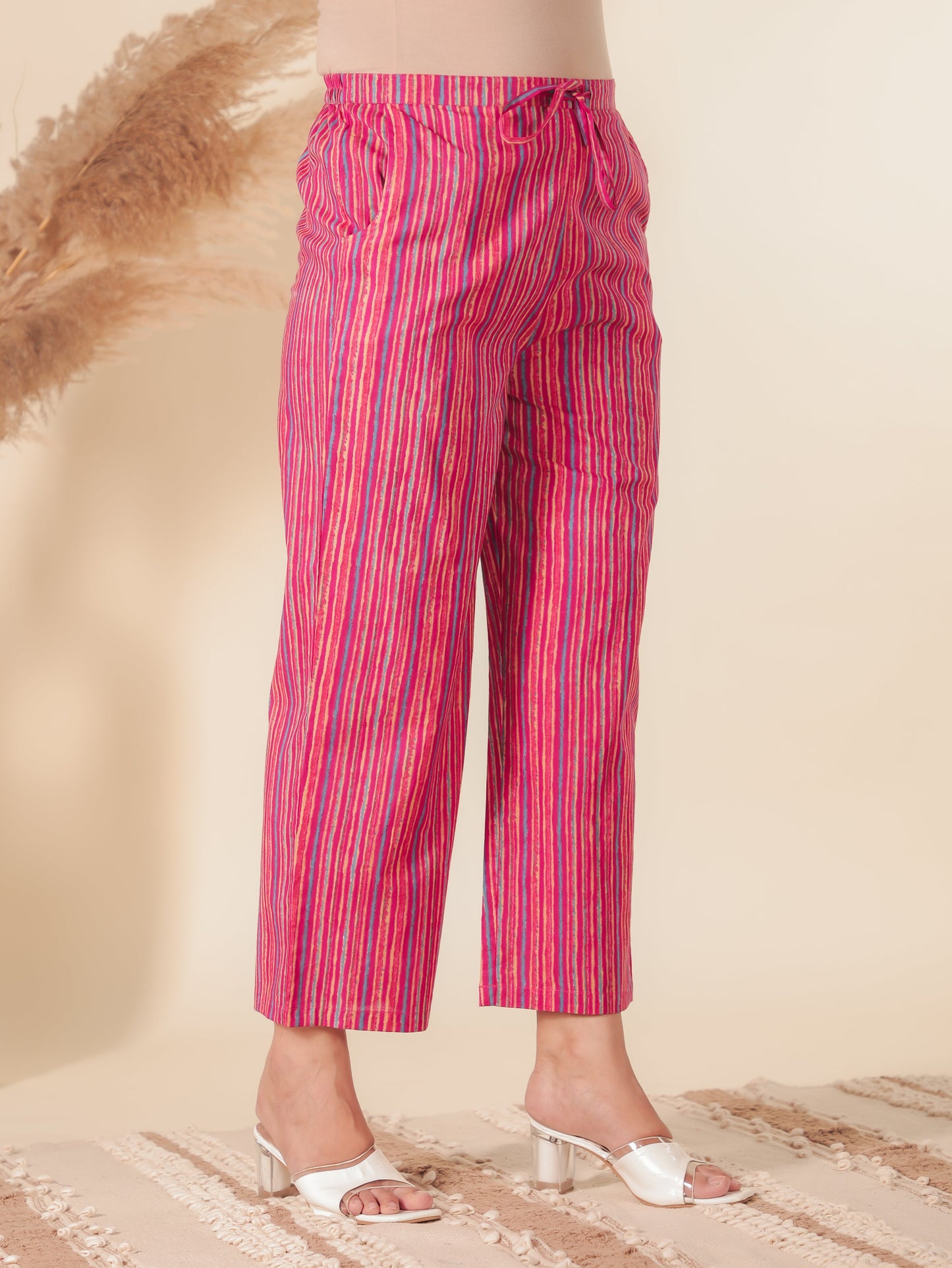 Soft Cotton Floral Pink Straight Trousers