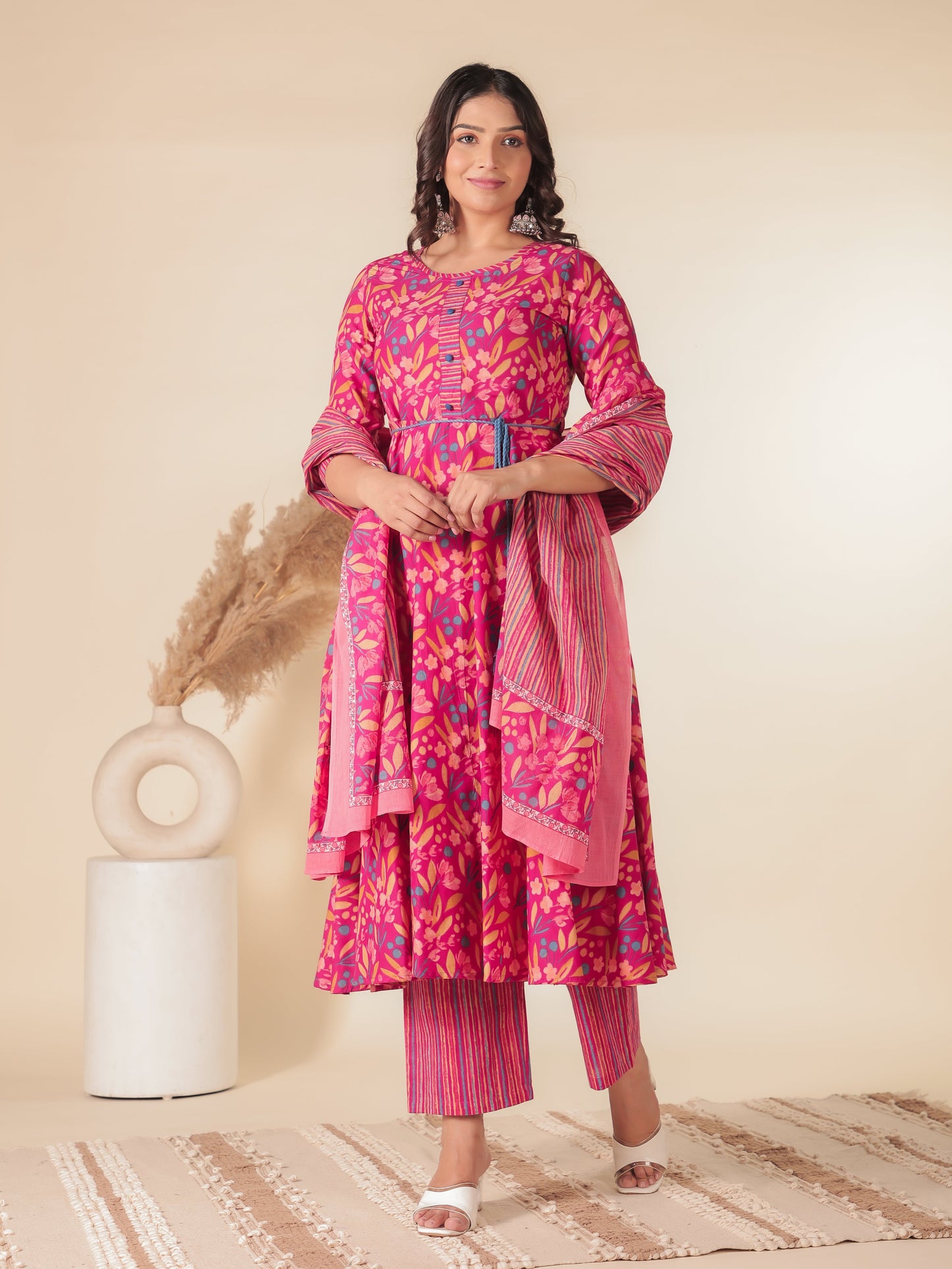 Soft Cotton Floral Anarkali Pink Kurta