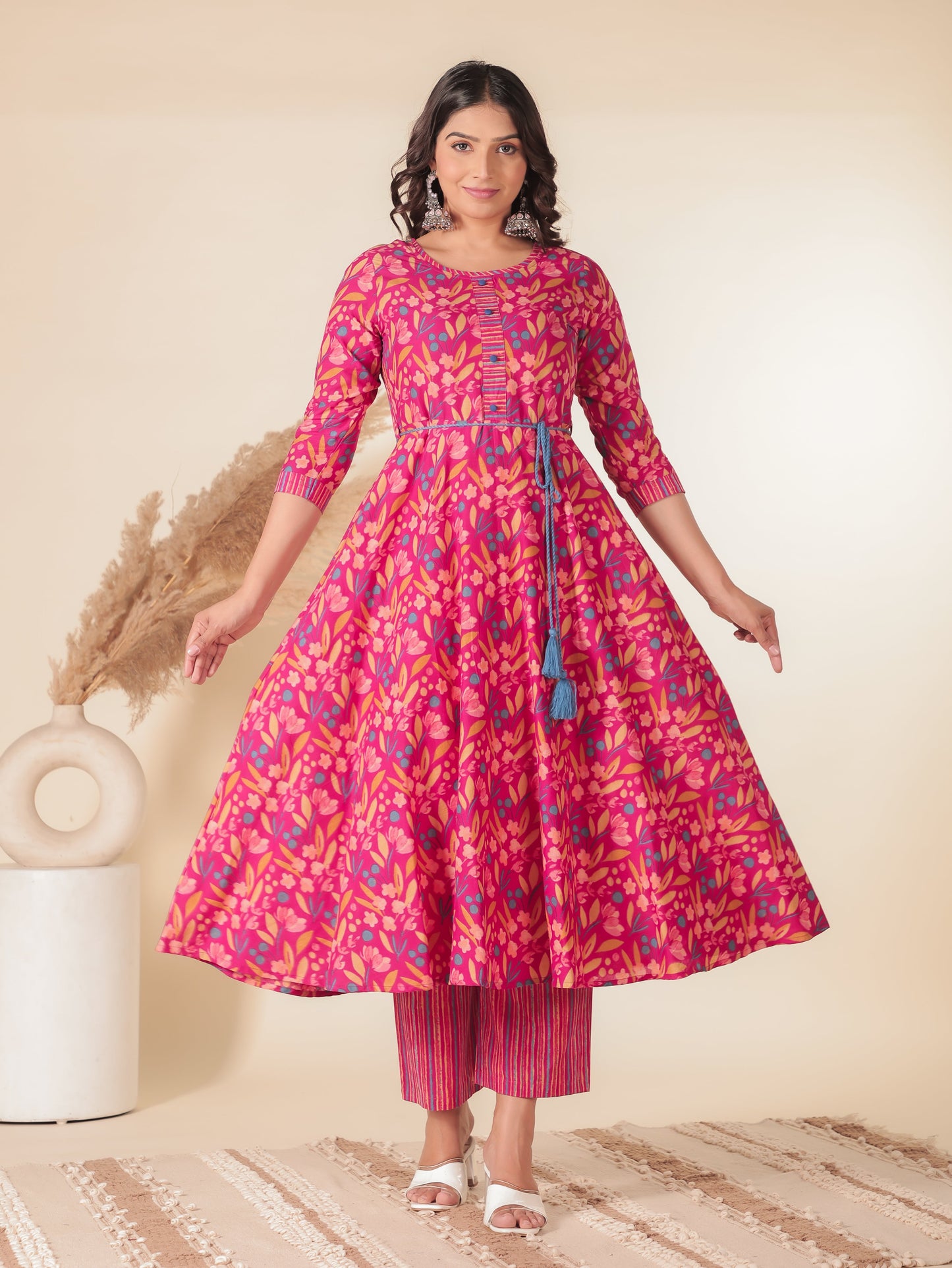 Soft Cotton Floral Anarkali Pink Kurta