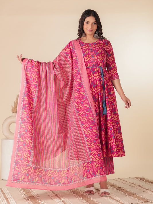 Soft Cotton Floral Anarkali Pink Kurta