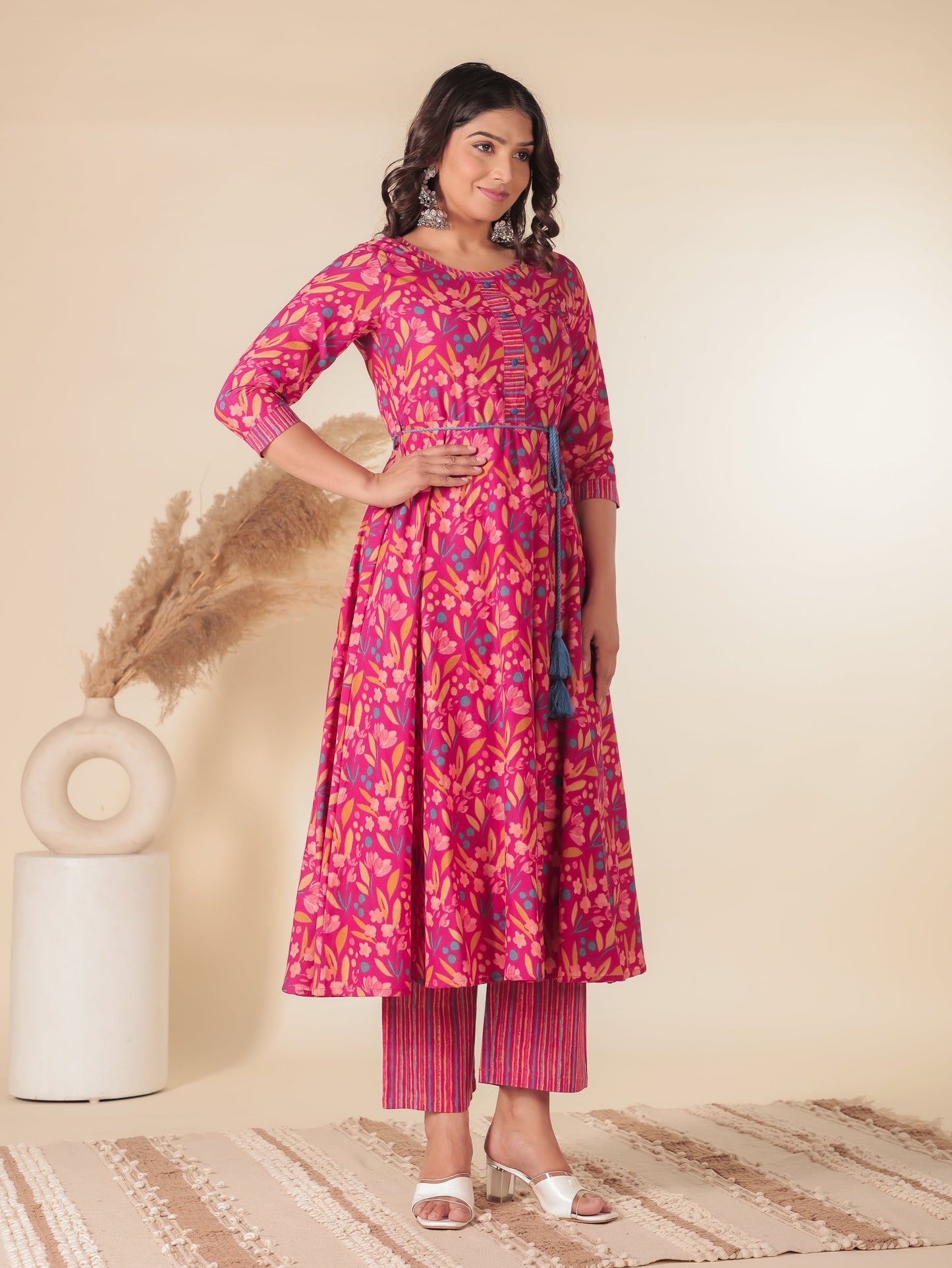 Soft Cotton Floral Anarkali Pink Kurta