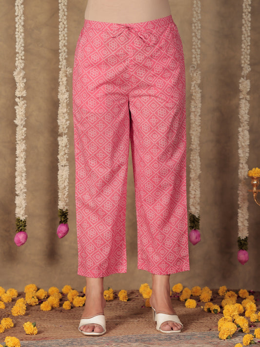 Soft Cotton Bandhani Pink Straight Trousers