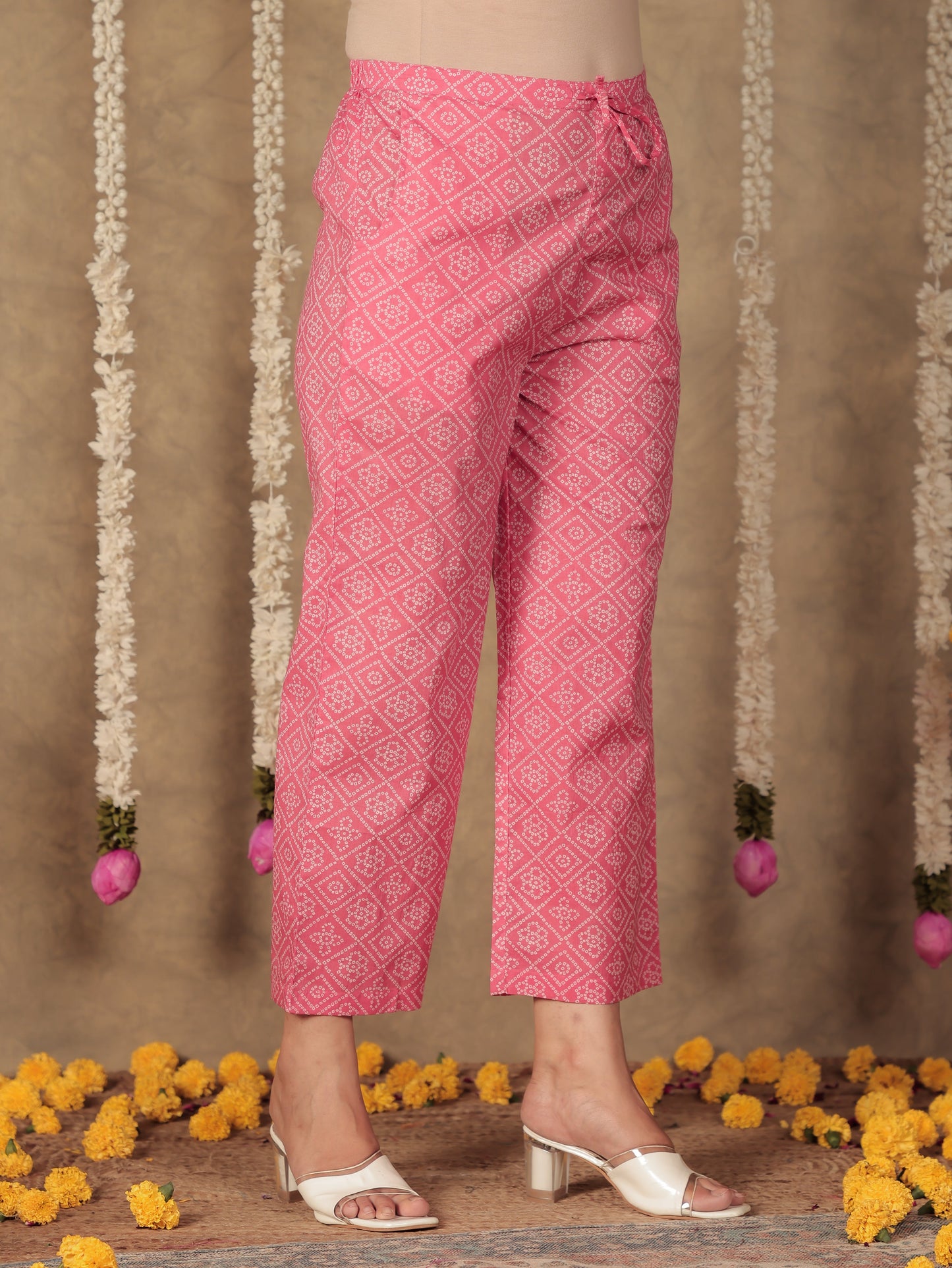 Soft Cotton Bandhani Pink Straight Trousers