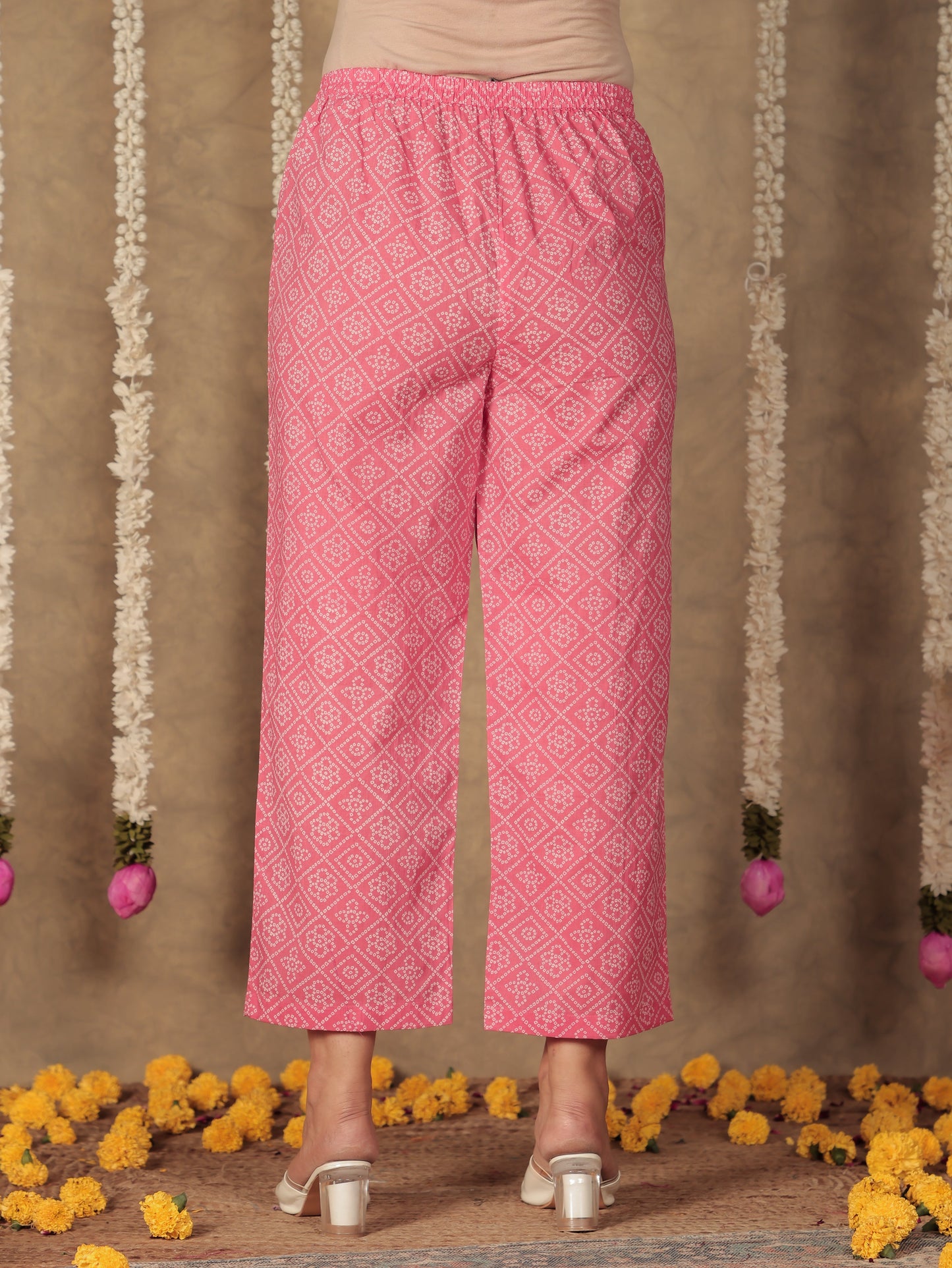 Soft Cotton Bandhani Pink Straight Trousers