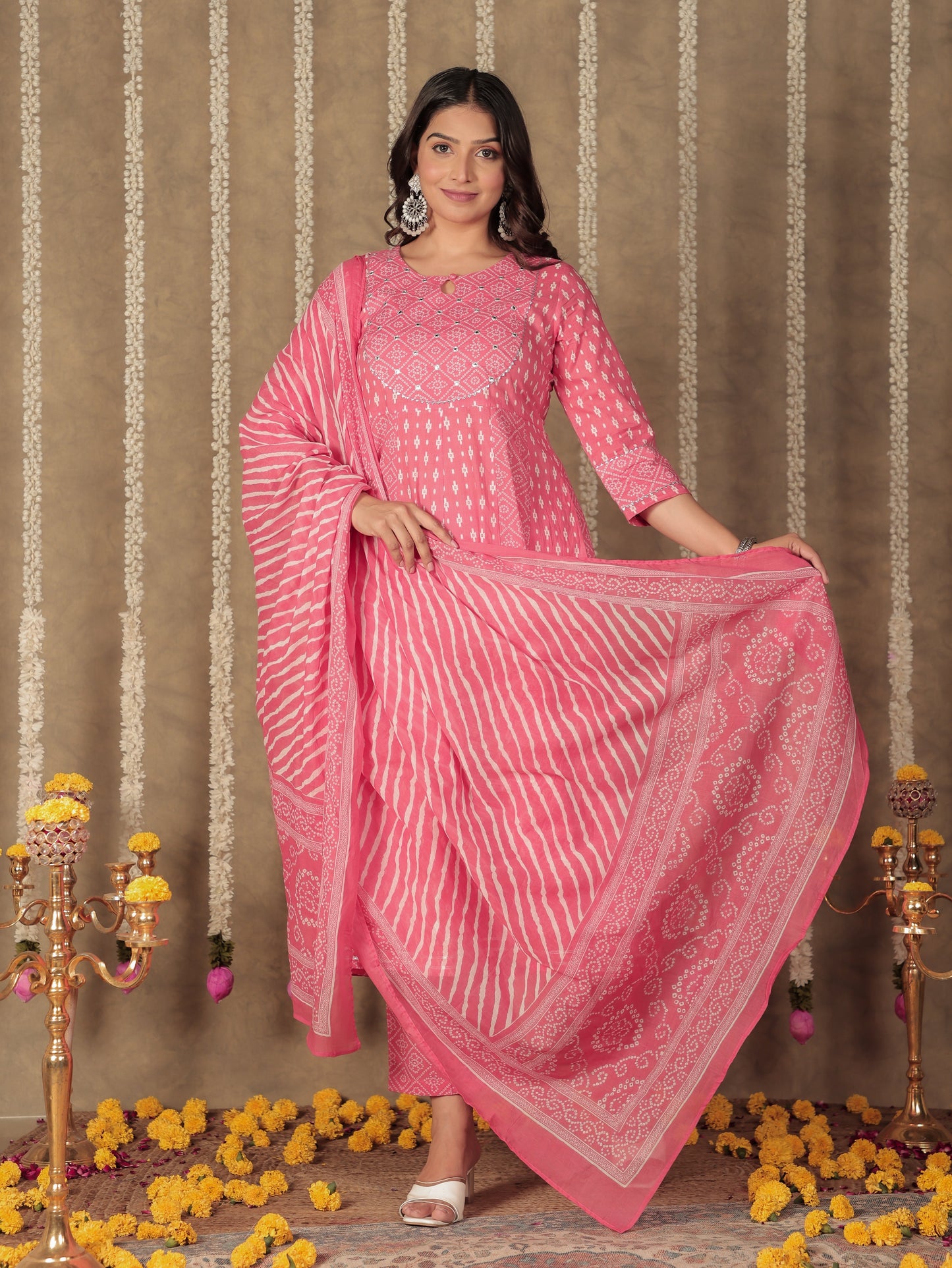 Soft Cotton Ikat Anarkali Pink Kurta