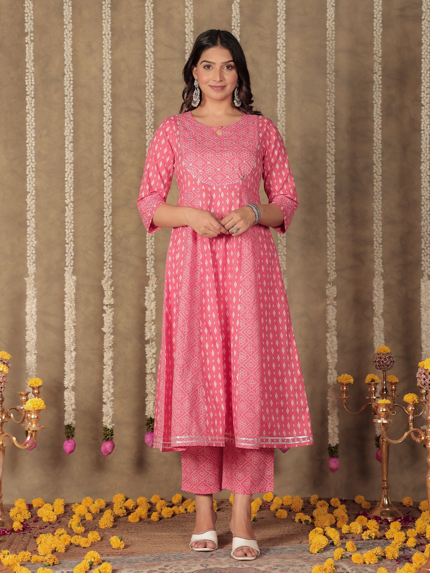 Soft Cotton Ikat Anarkali Pink Kurta