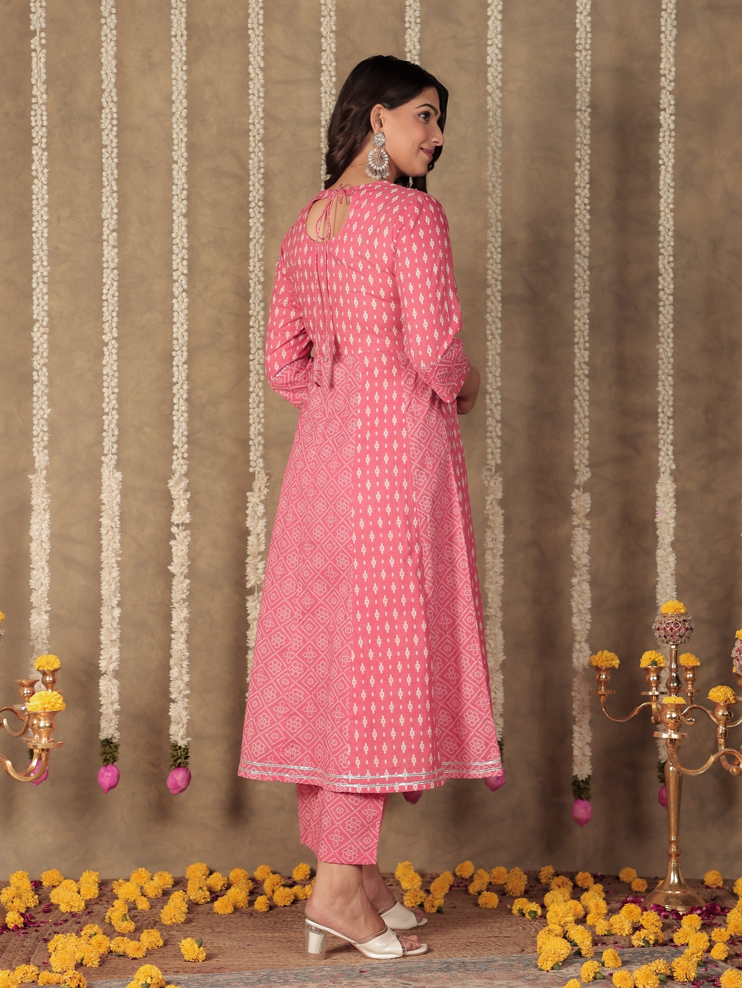Soft Cotton Ikat Anarkali Pink Kurta