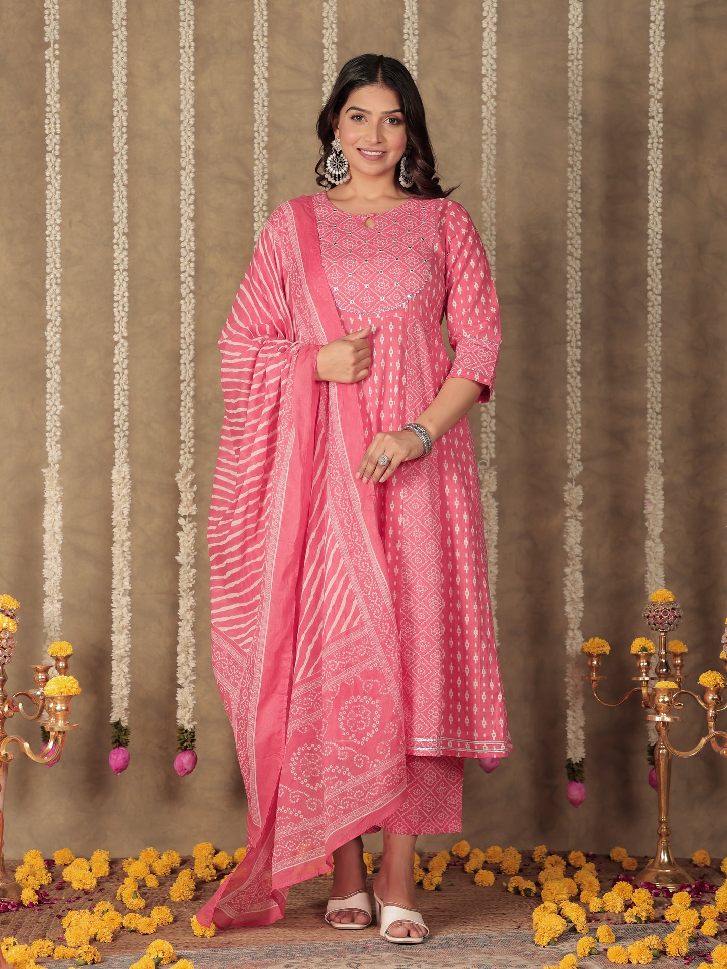 Soft Cotton Ikat Anarkali Pink Kurta