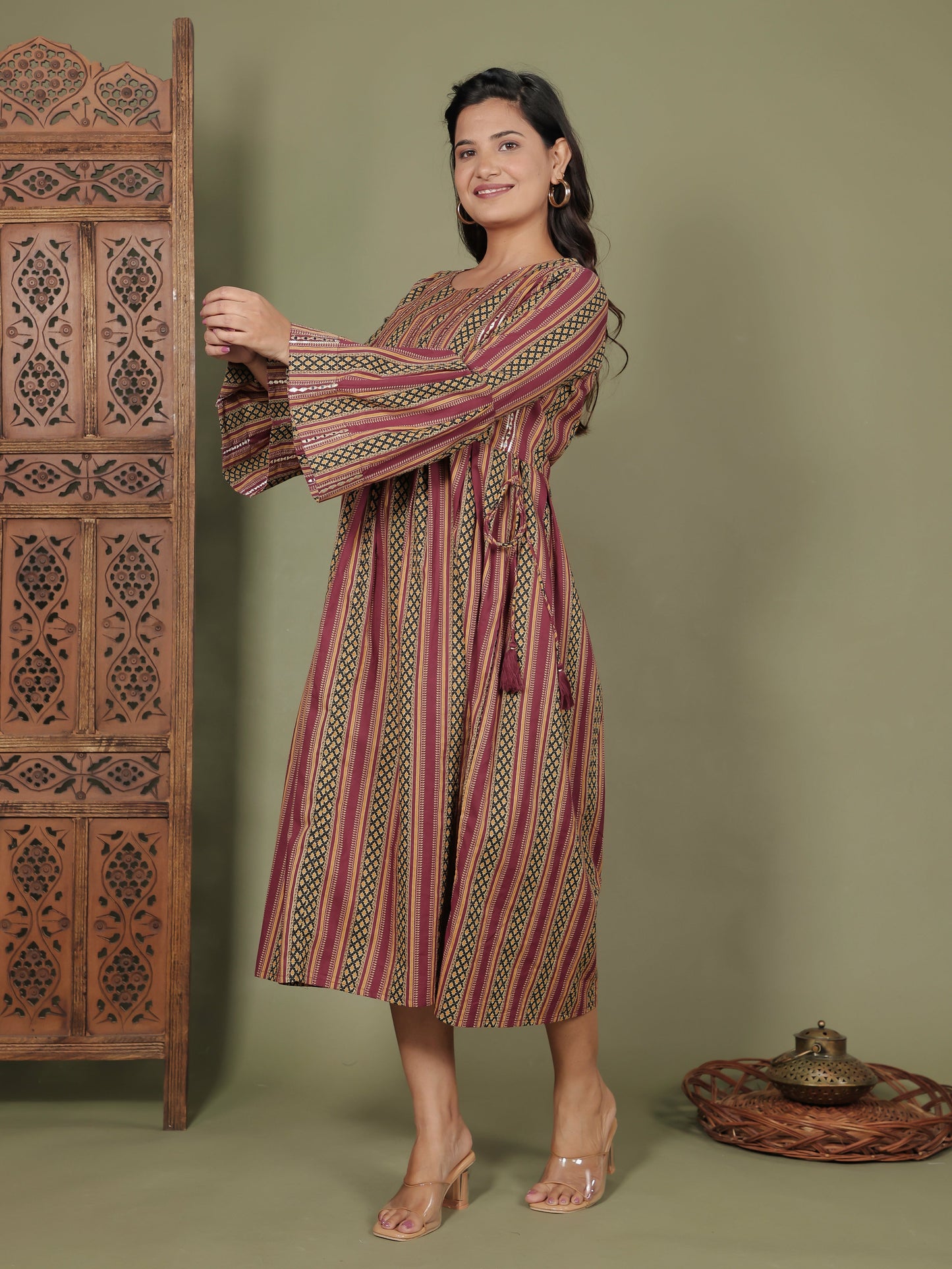 Embroidered Soft Cotton Striped Flared Maroon Dress
