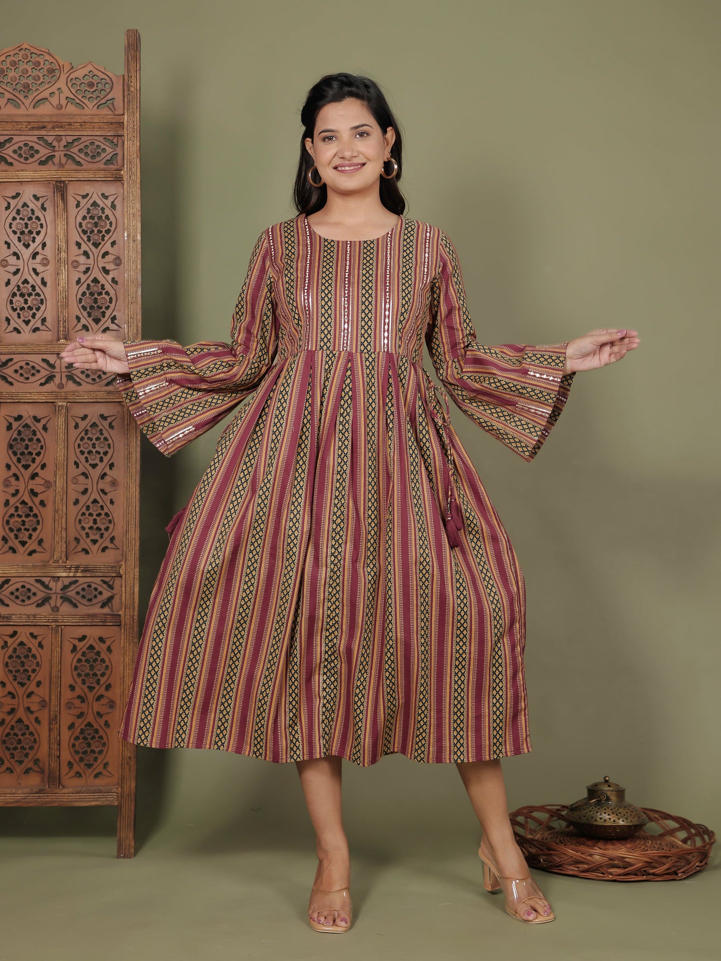 Embroidered Soft Cotton Striped Flared Maroon Dress