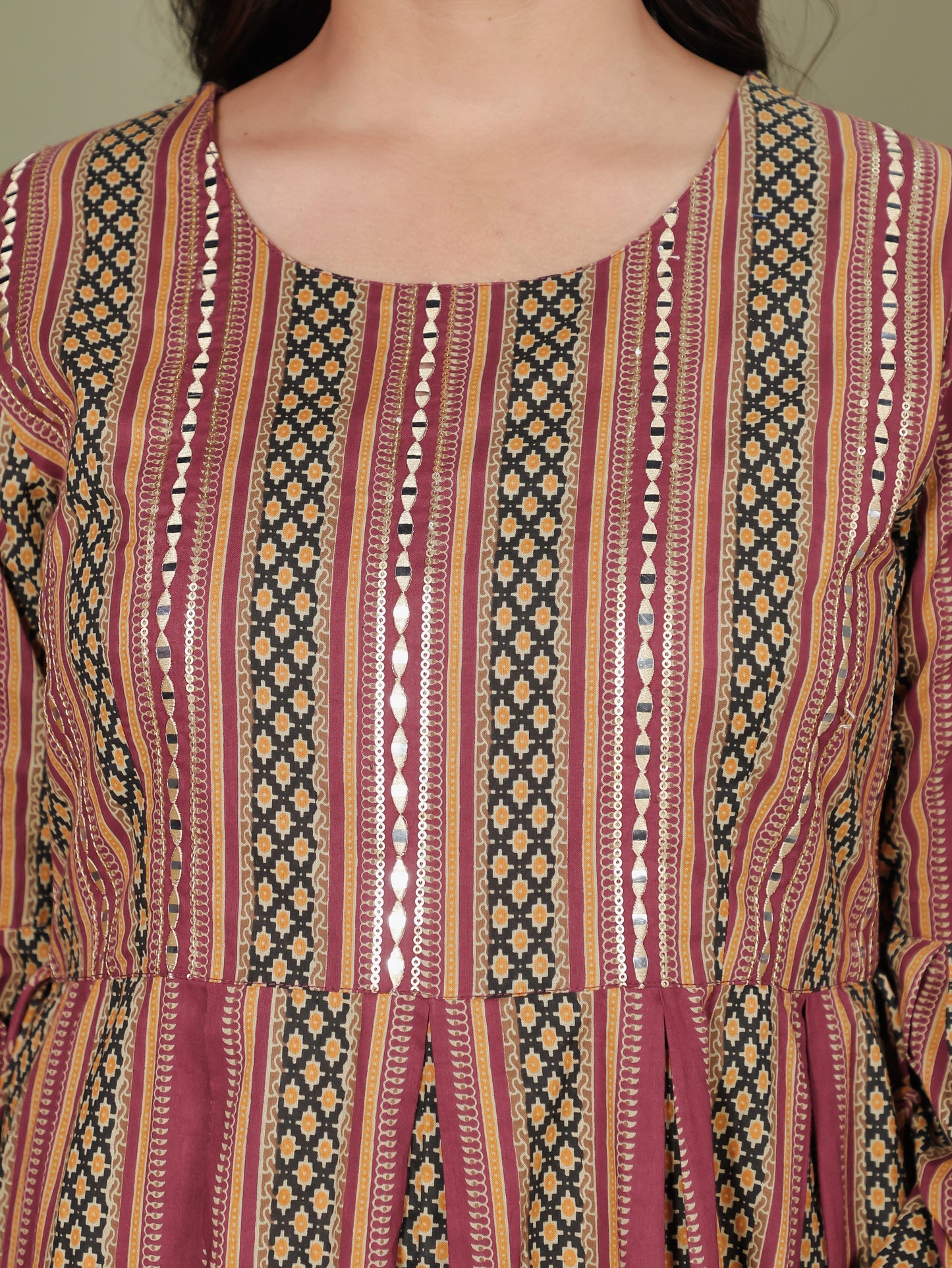Embroidered Soft Cotton Striped Flared Maroon Dress