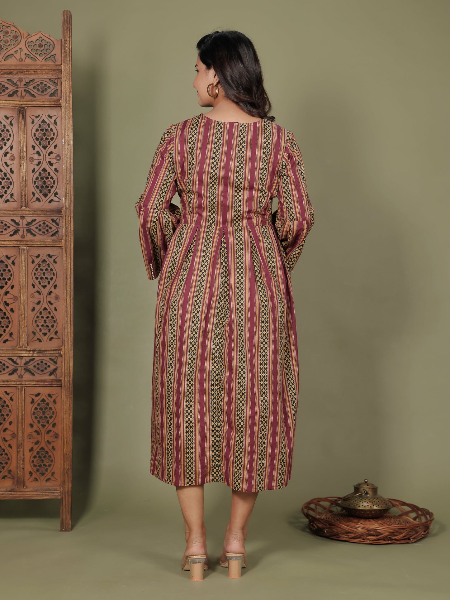 Embroidered Soft Cotton Striped Flared Maroon Dress