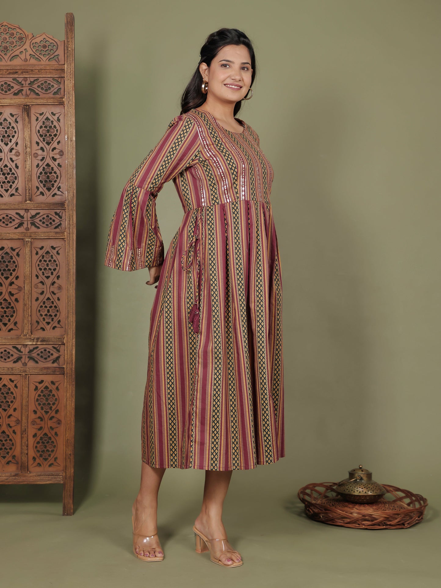 Embroidered Soft Cotton Striped Flared Maroon Dress