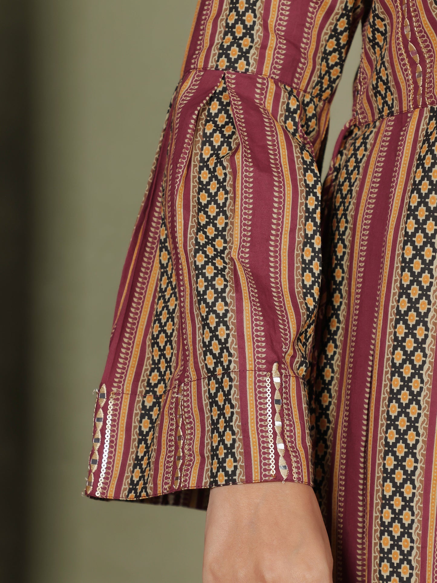 Embroidered Soft Cotton Striped Flared Maroon Dress