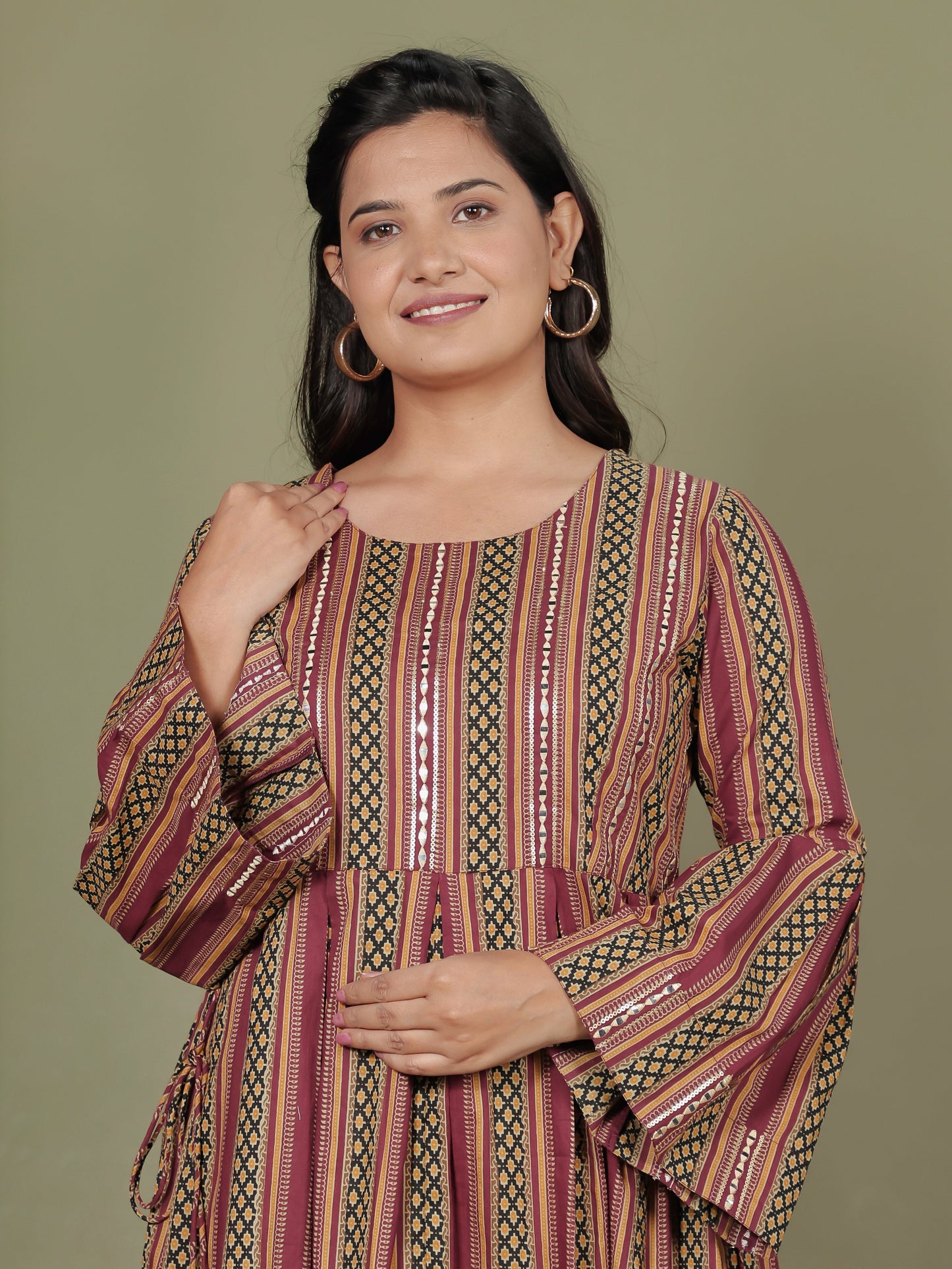 Embroidered Soft Cotton Striped Flared Maroon Dress