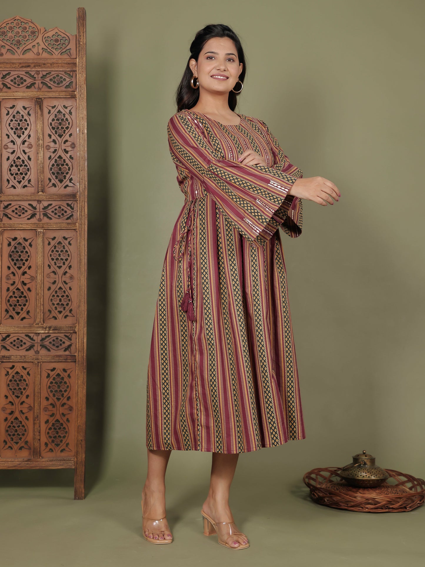 Embroidered Soft Cotton Striped Flared Maroon Dress