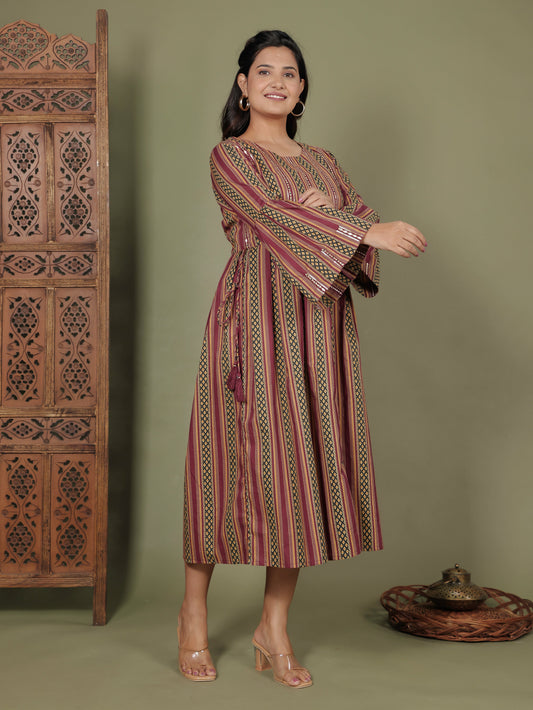 Embroidered Soft Cotton Striped Flared Maroon Dress