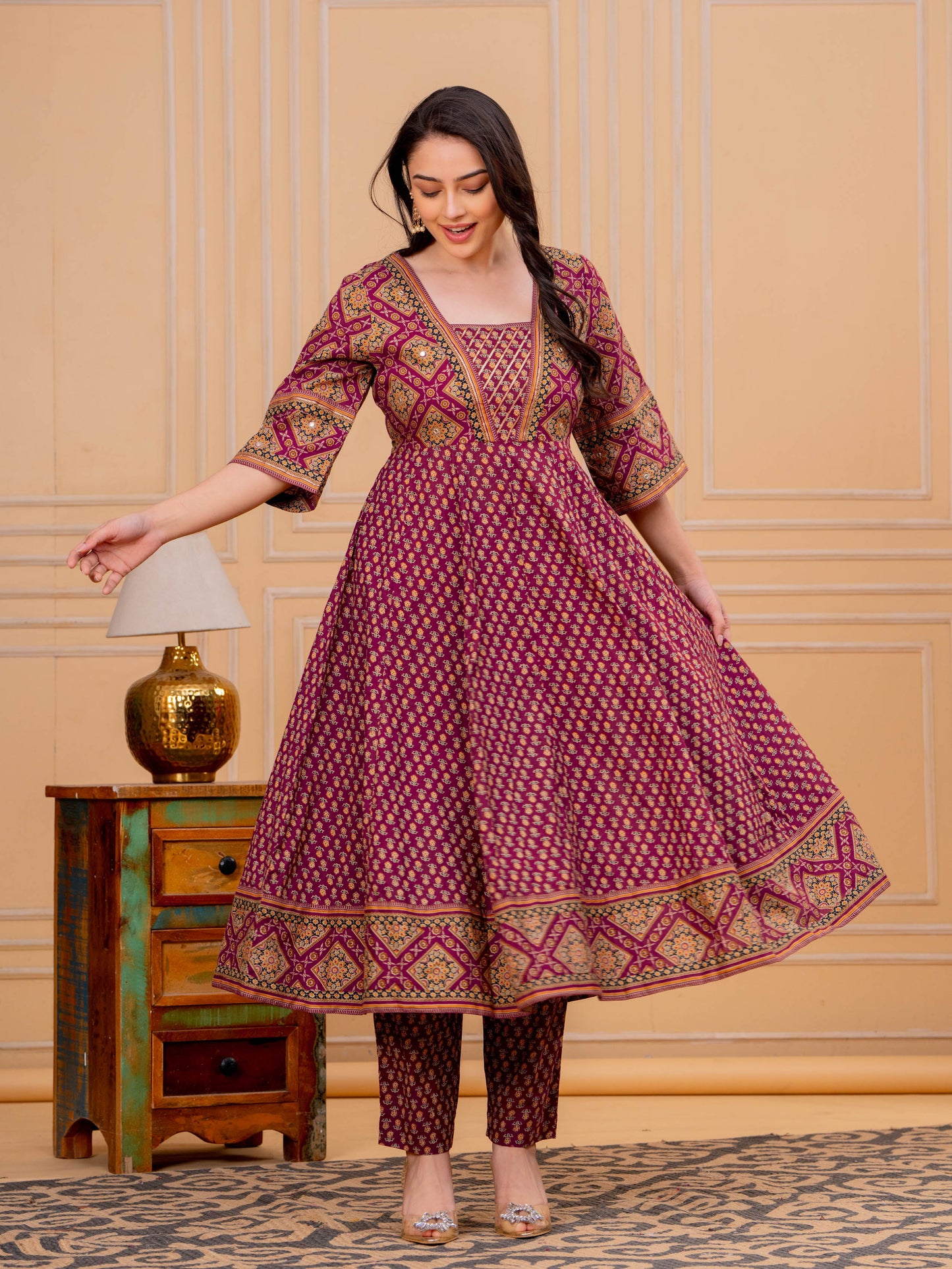 Soft Cotton Floral Flared Maroon Kurta