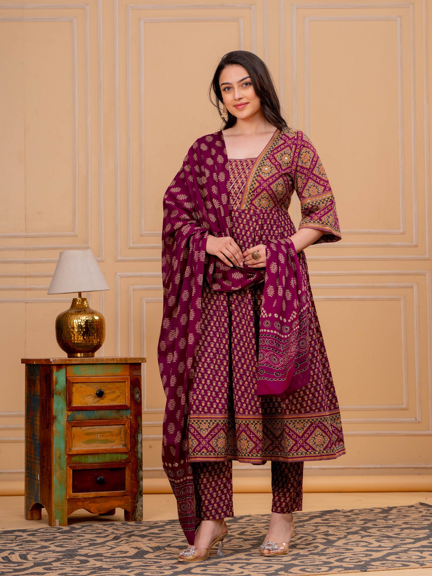 Soft Cotton Floral Flared Maroon Kurta
