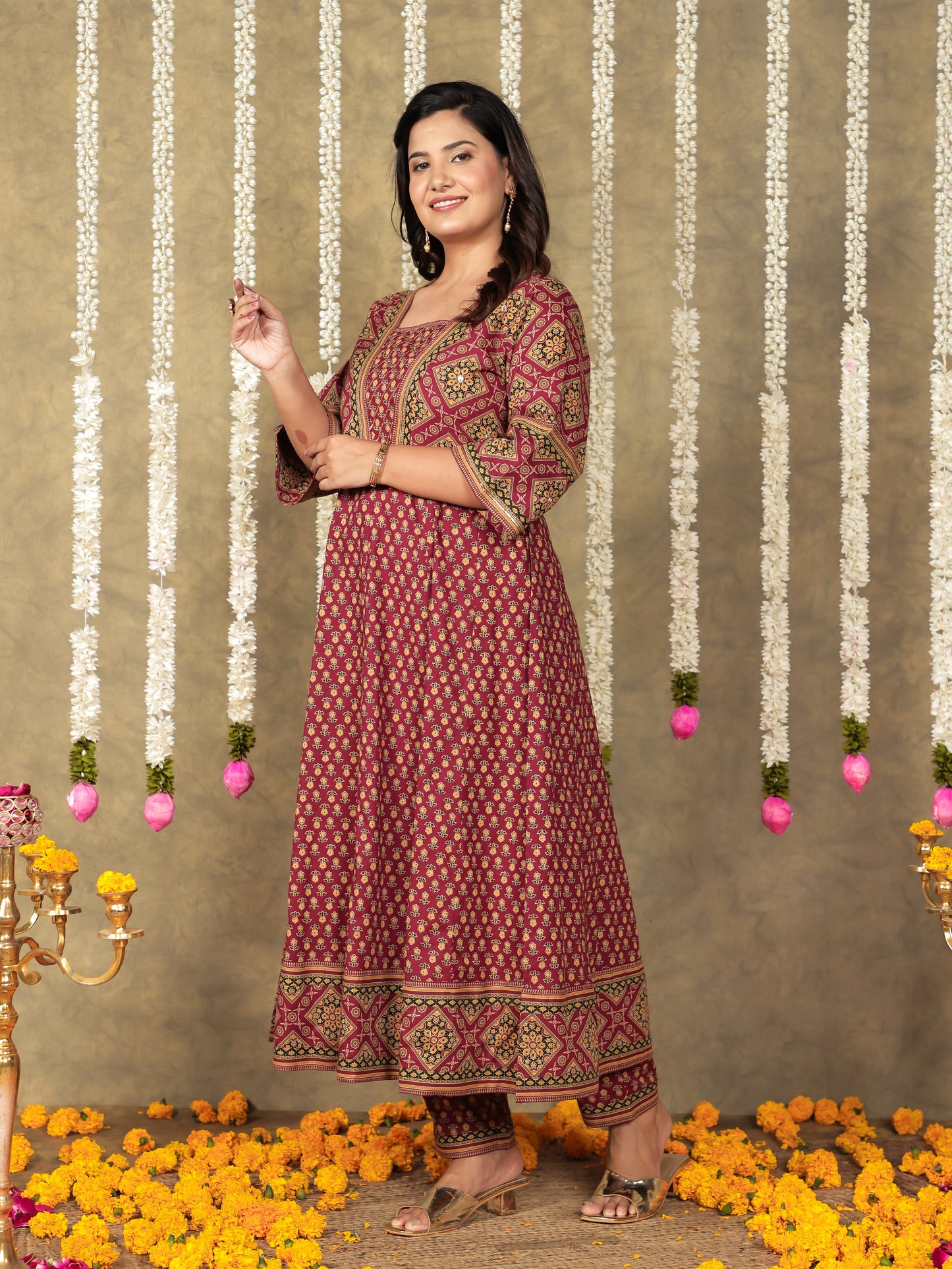 Soft Cotton Floral Flared Maroon Kurta