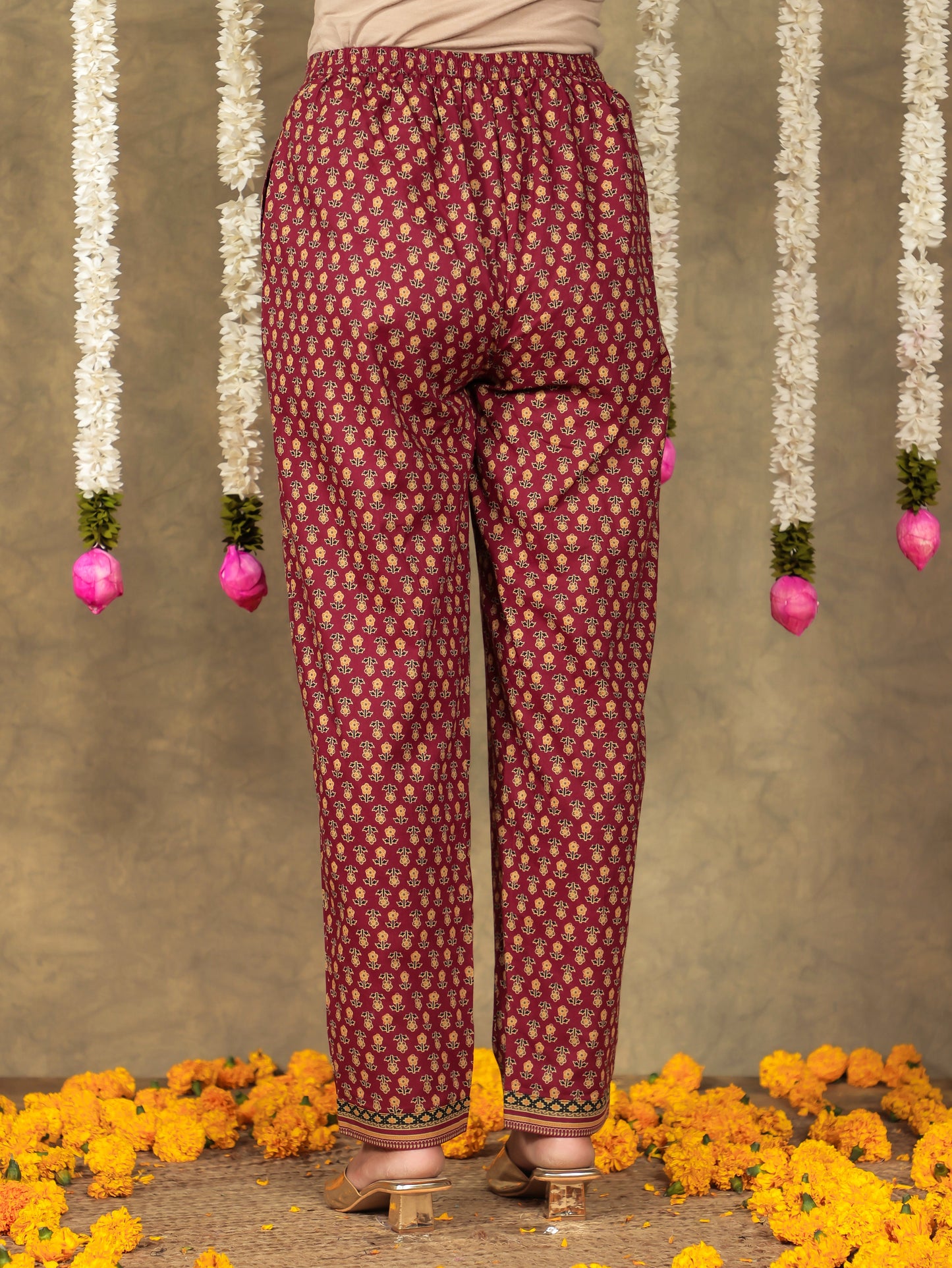 Soft Cotton Floral Flared Maroon Kurta