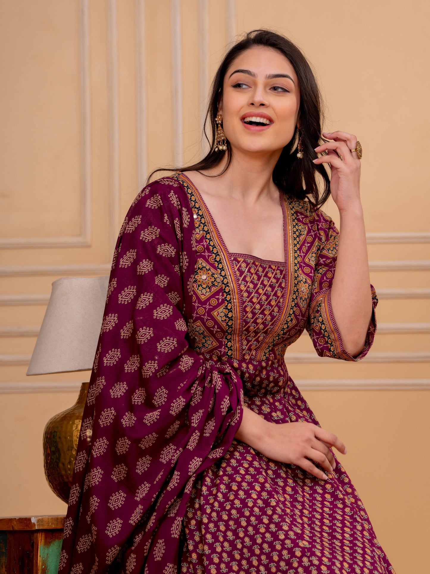Soft Cotton Floral Flared Maroon Kurta