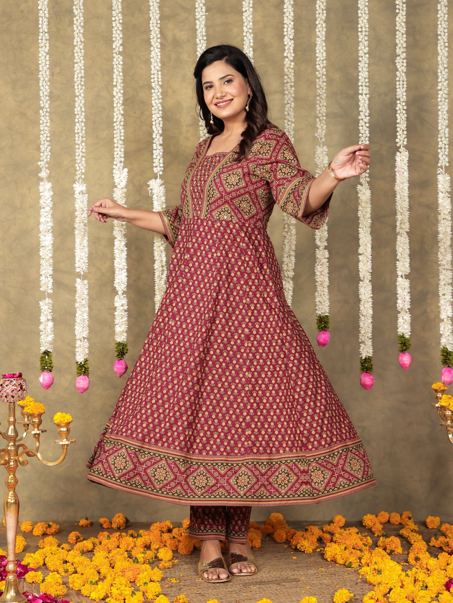 Soft Cotton Floral Flared Maroon Kurta