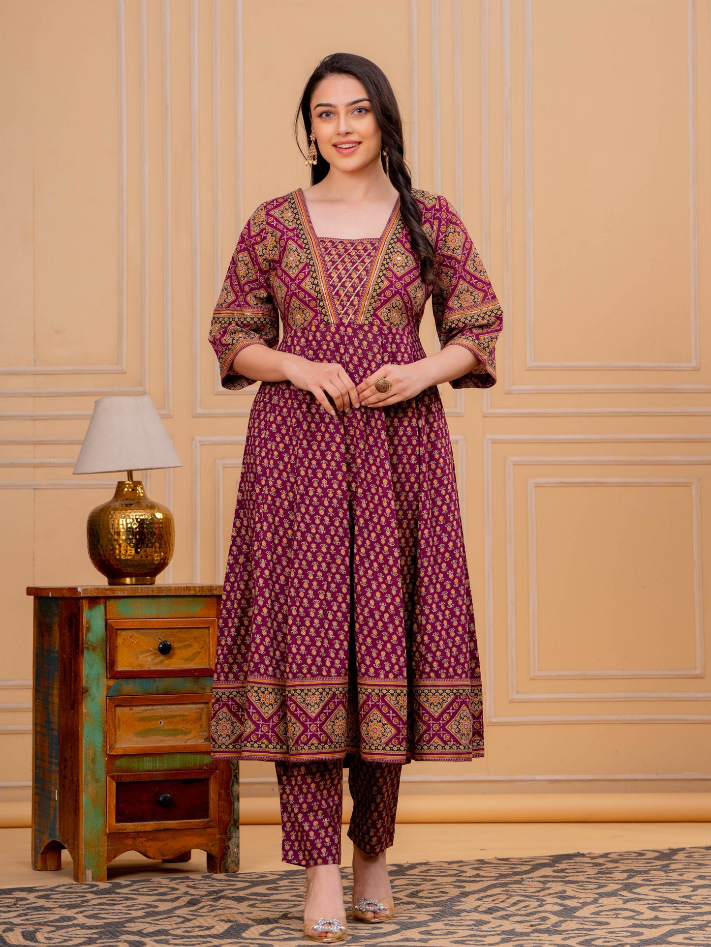 Soft Cotton Floral Flared Maroon Kurta