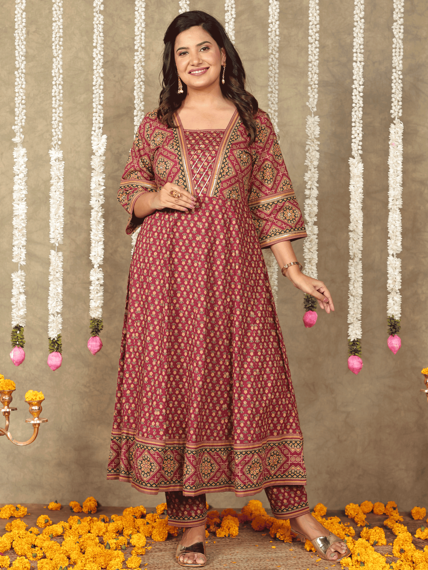 Soft Cotton Floral Flared Maroon Kurta