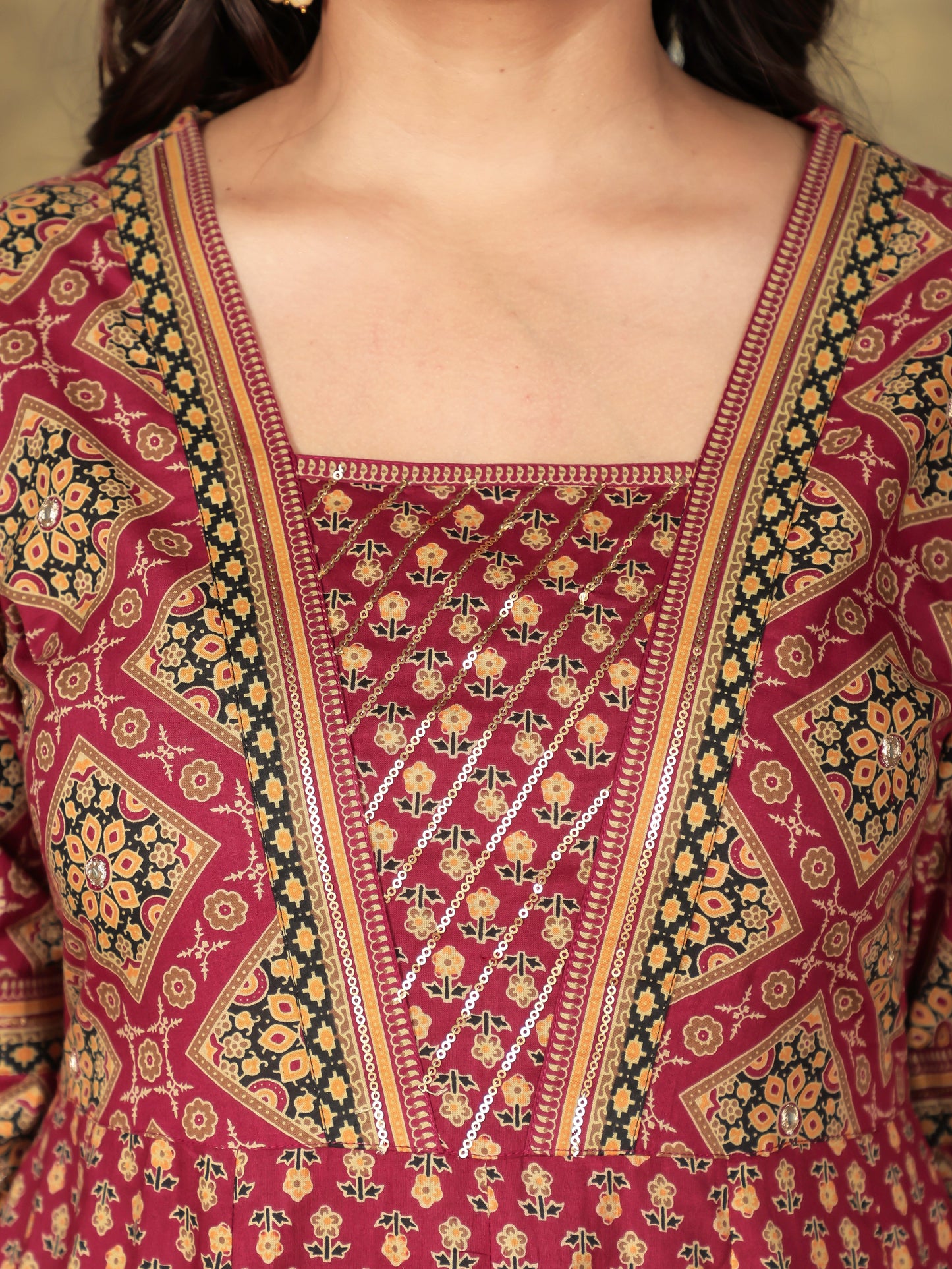 Soft Cotton Floral Flared Maroon Kurta