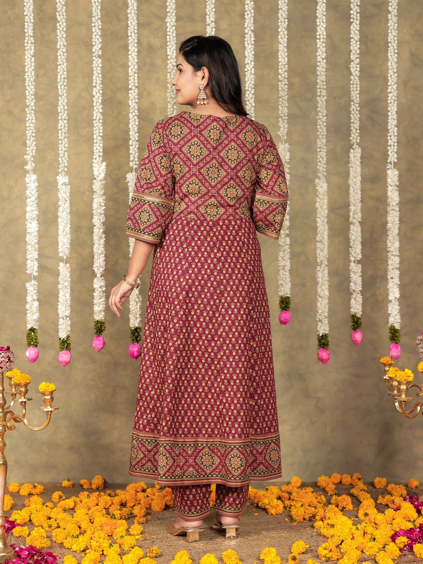 Soft Cotton Floral Flared Maroon Kurta