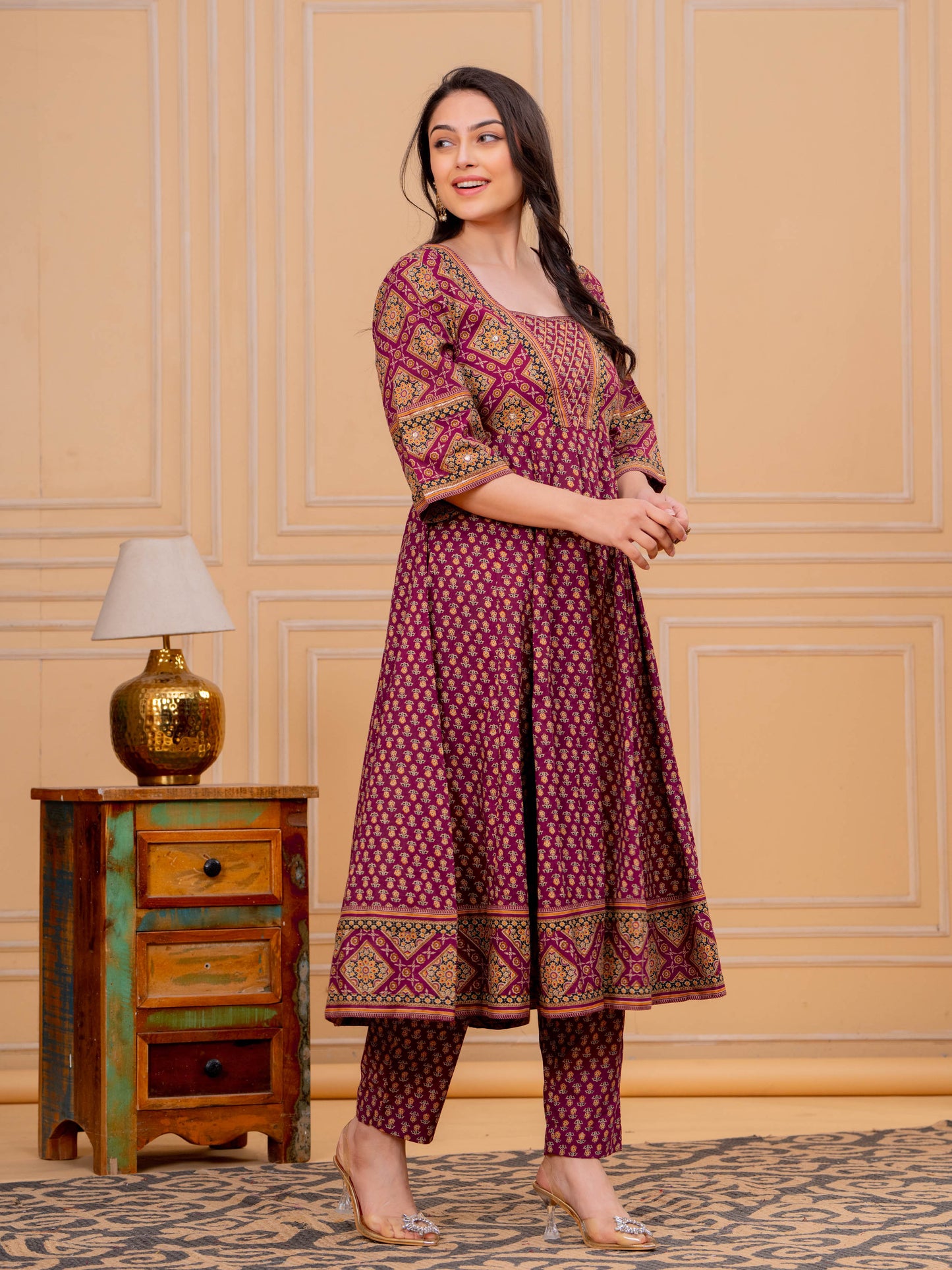 Soft Cotton Floral Flared Maroon Kurta