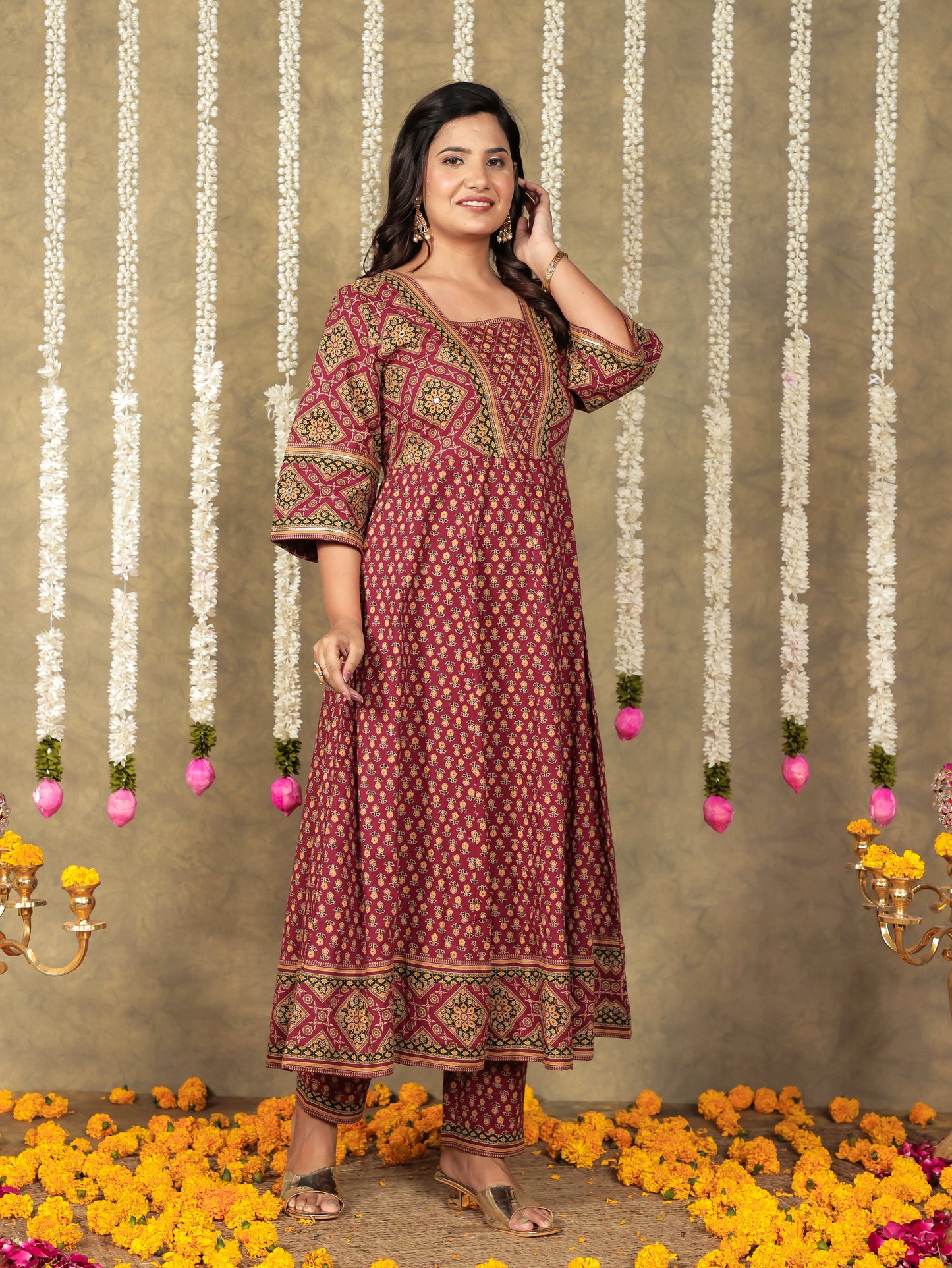 Soft Cotton Floral Flared Maroon Kurta