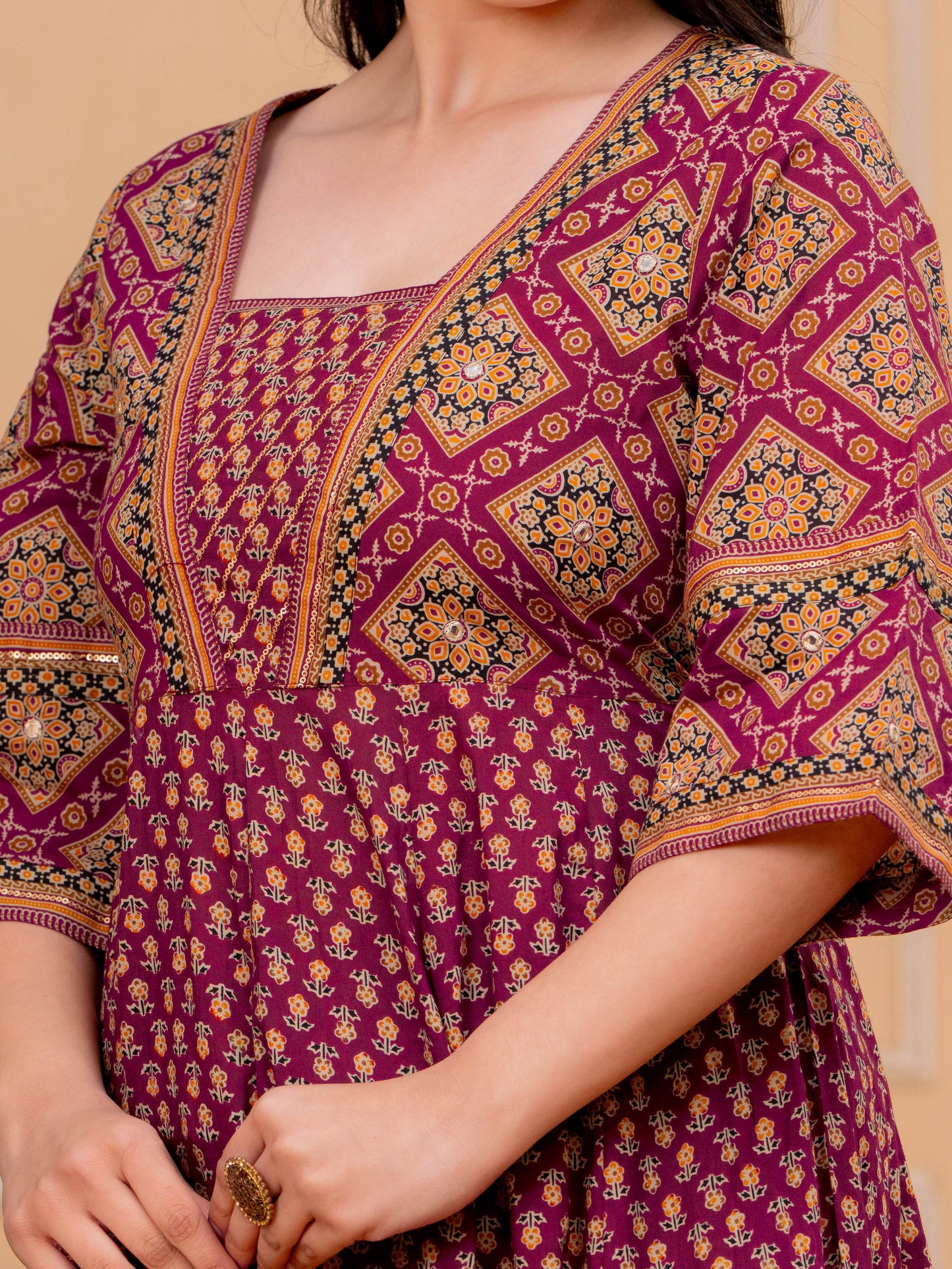 Soft Cotton Floral Flared Maroon Kurta