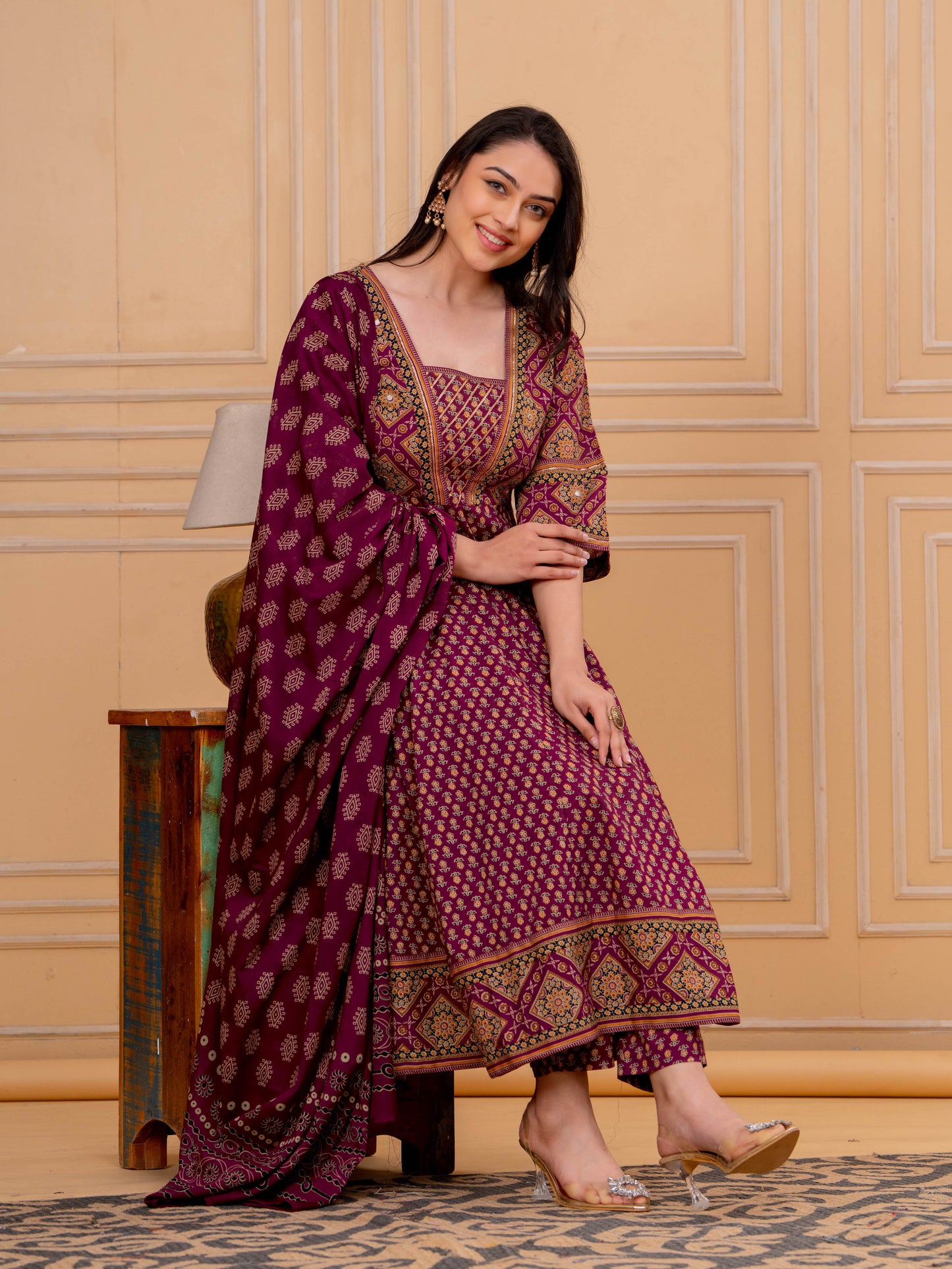 Soft Cotton Floral Flared Maroon Kurta