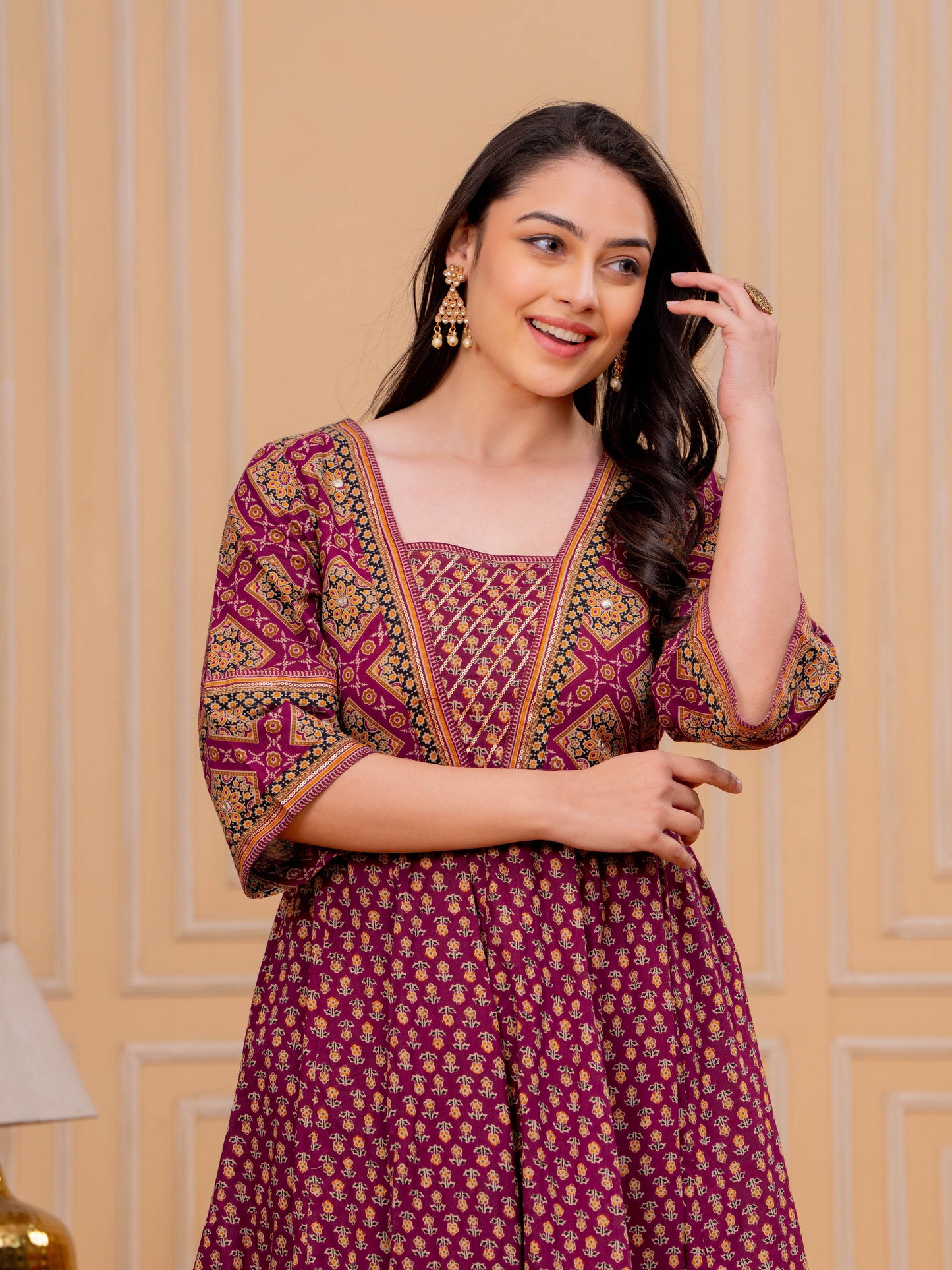 Soft Cotton Floral Flared Maroon Kurta