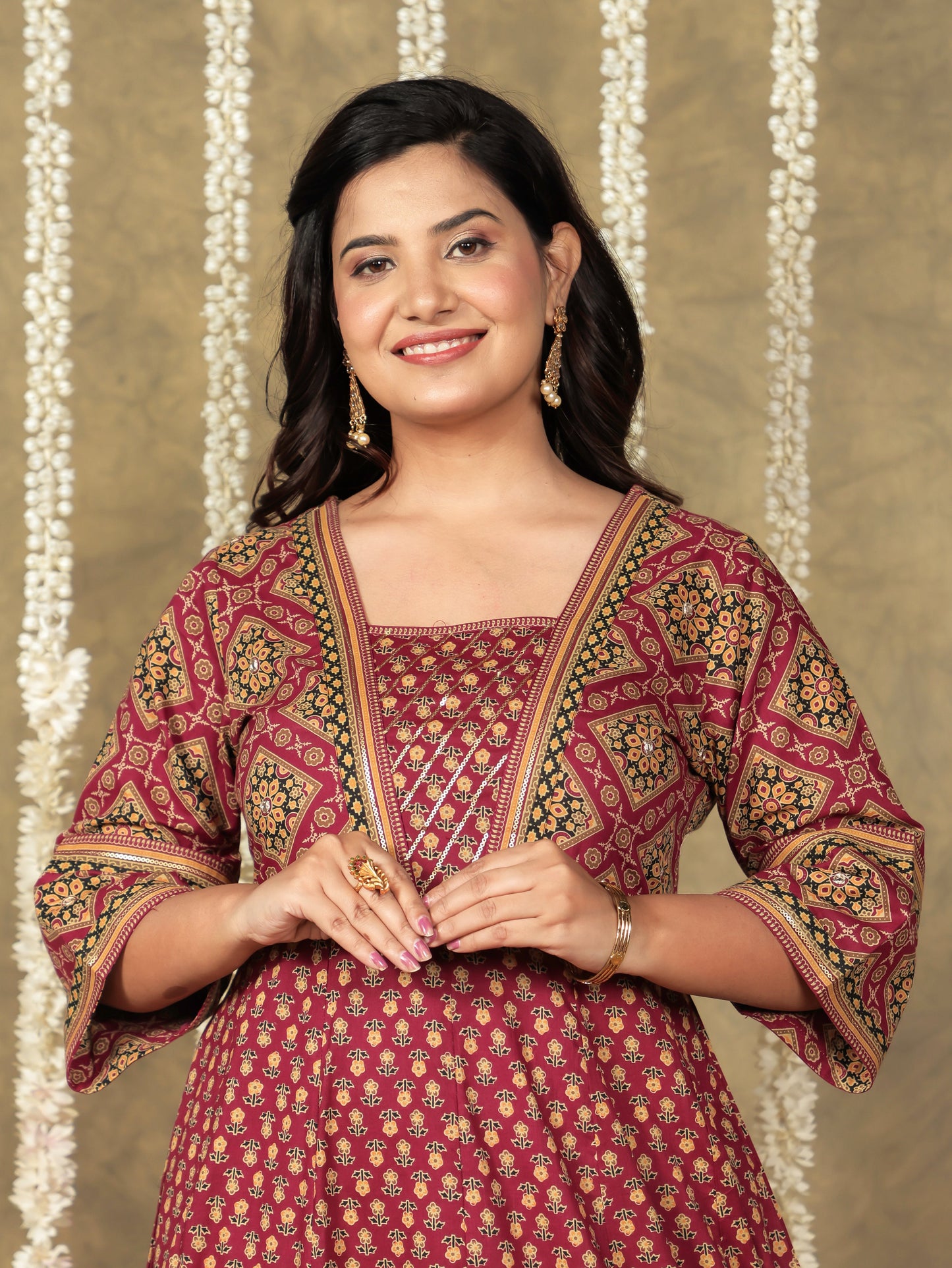 Soft Cotton Floral Flared Maroon Kurta