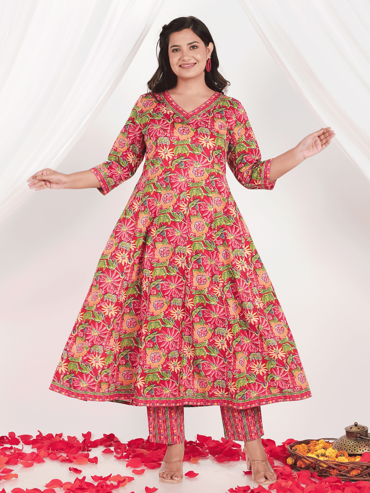 Embroidered Soft Cotton Floral Flared Multicolor Kurta