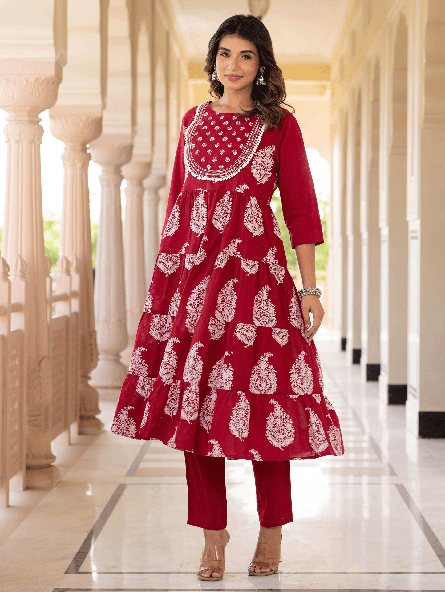 Embroidered Soft Cotton Block Print Anarkali Maroon Kurta