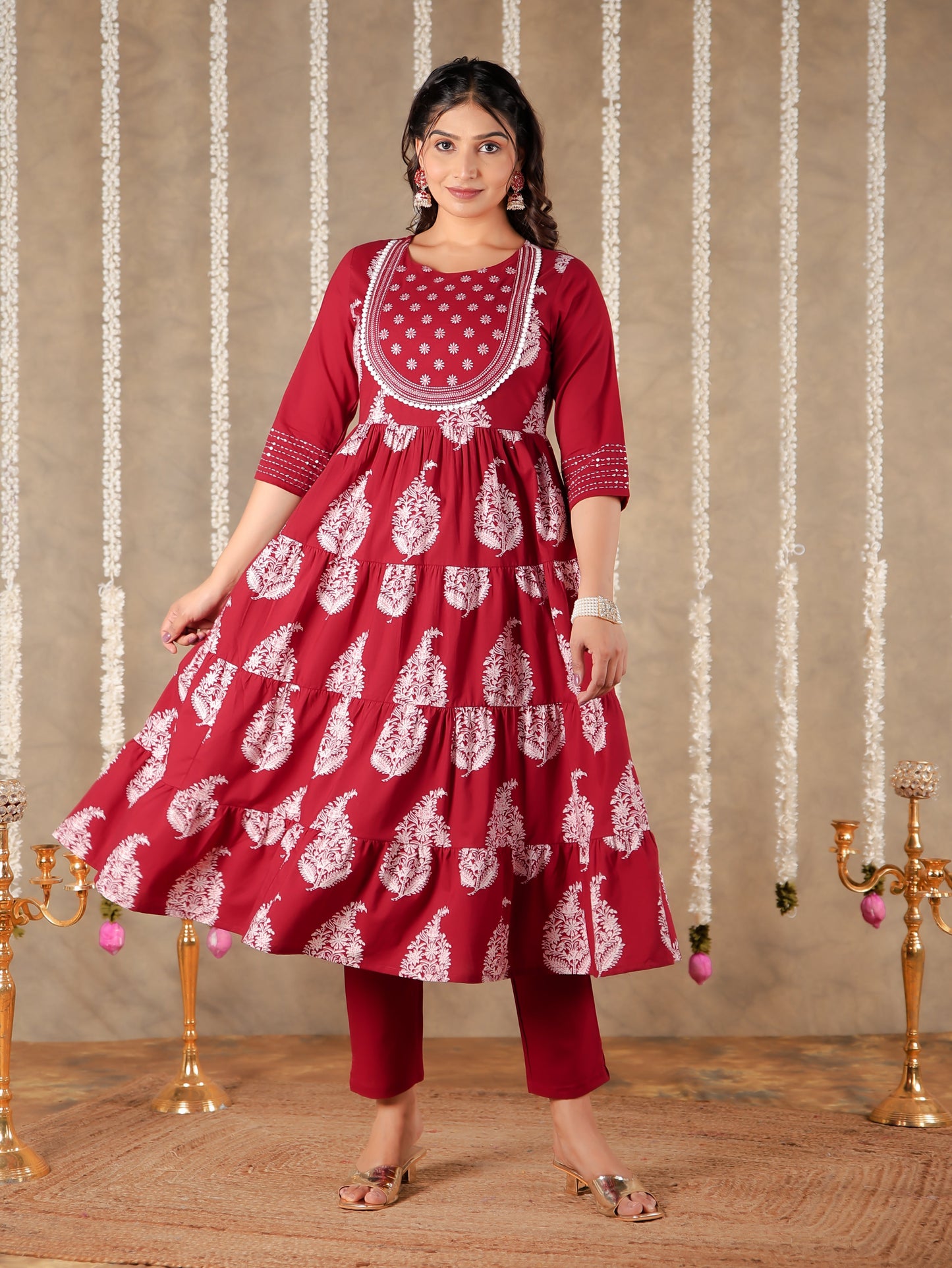 Embroidered Soft Cotton Block Print Anarkali Maroon Kurta