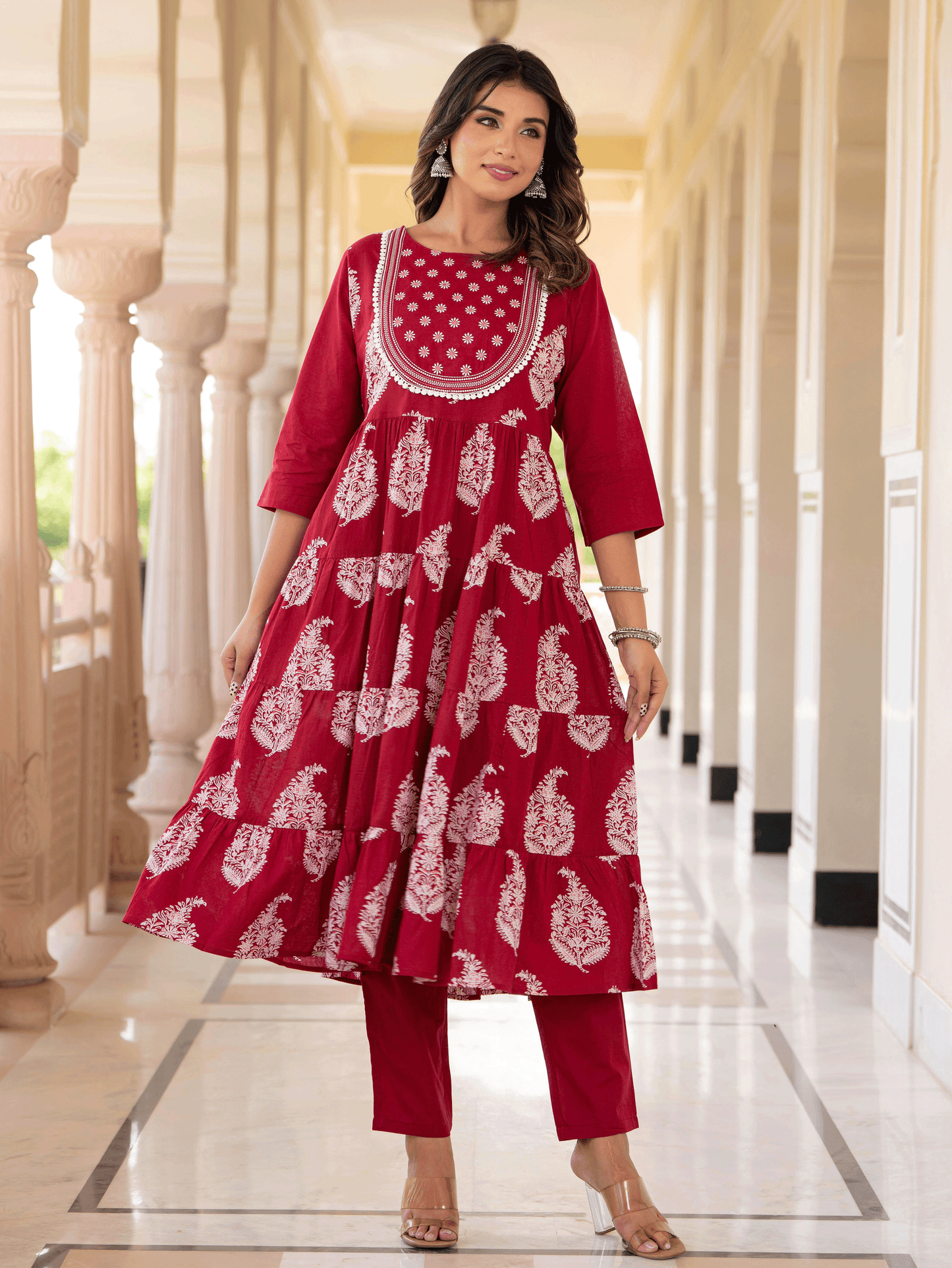 Embroidered Soft Cotton Block Print Anarkali Maroon Kurta