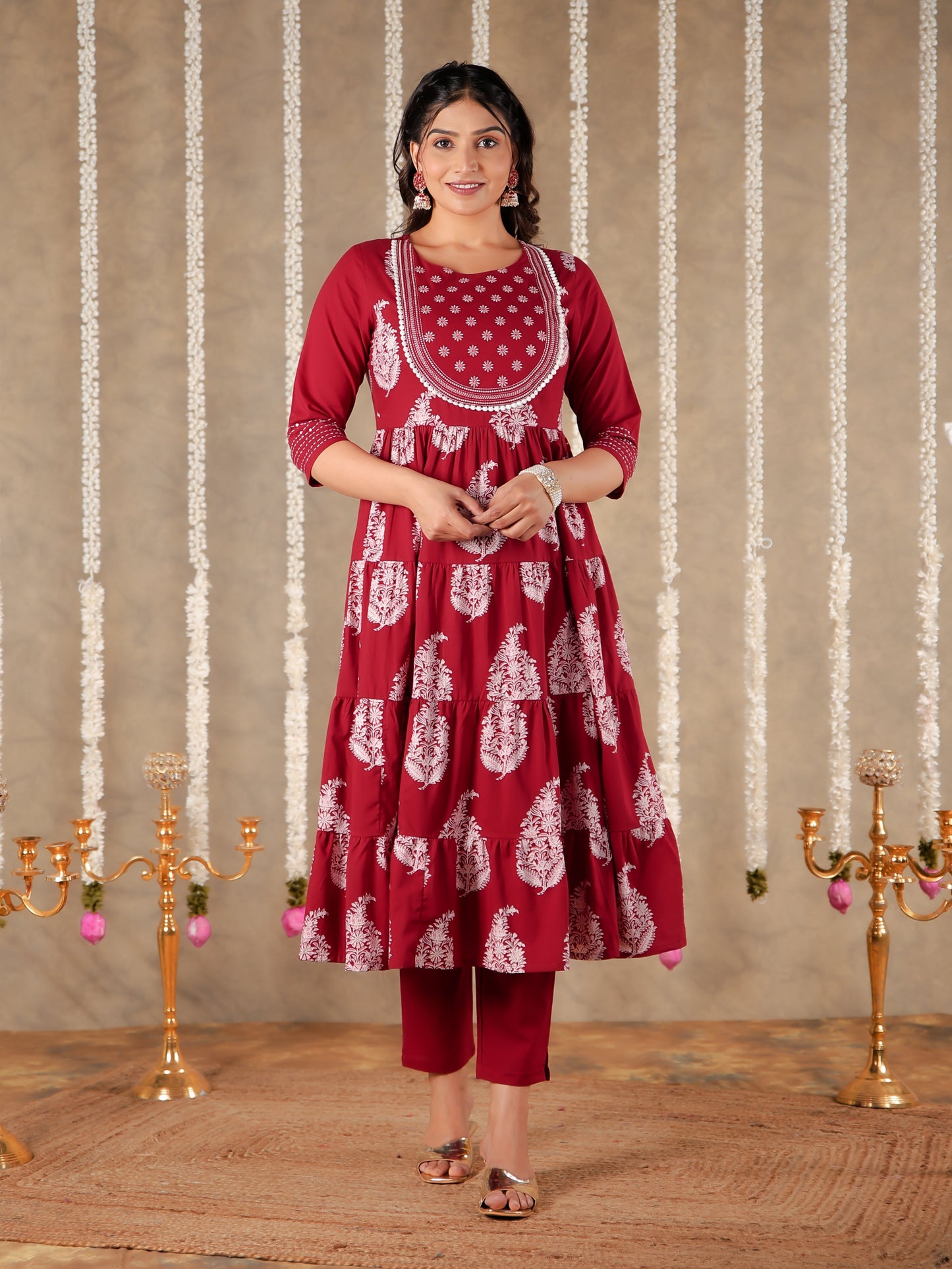 Embroidered Soft Cotton Block Print Anarkali Maroon Kurta